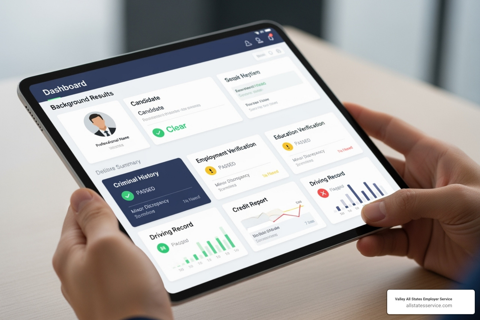 A clean, modern dashboard showing fast background check results on a tablet. - background verification company