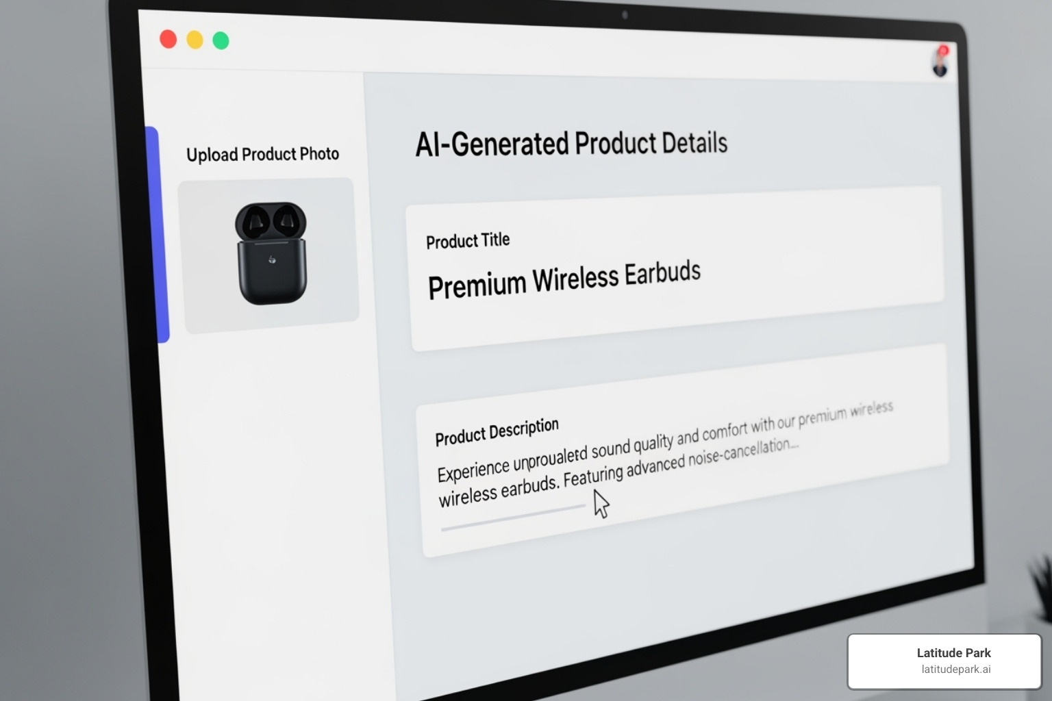 User interface showing an AI generating a product title and description from a photo - listing tool User interface showing an AI generating a product title and description from a photo - listing tool