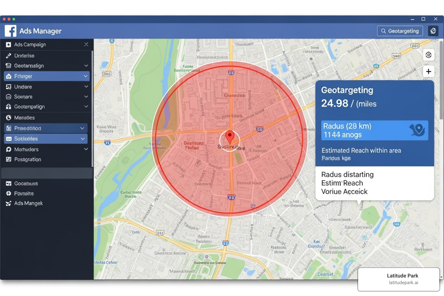 Facebook Ads Manager location targeting map with a radius drawn around a business - facebook ads for local services