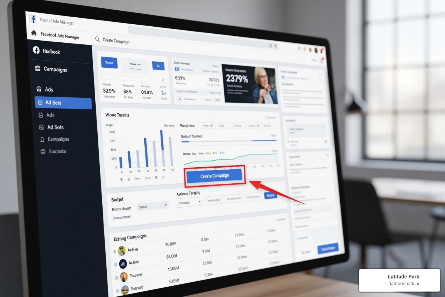 Facebook Ads Manager dashboard highlighting the 'Create Campaign' button - facebook ads for local services