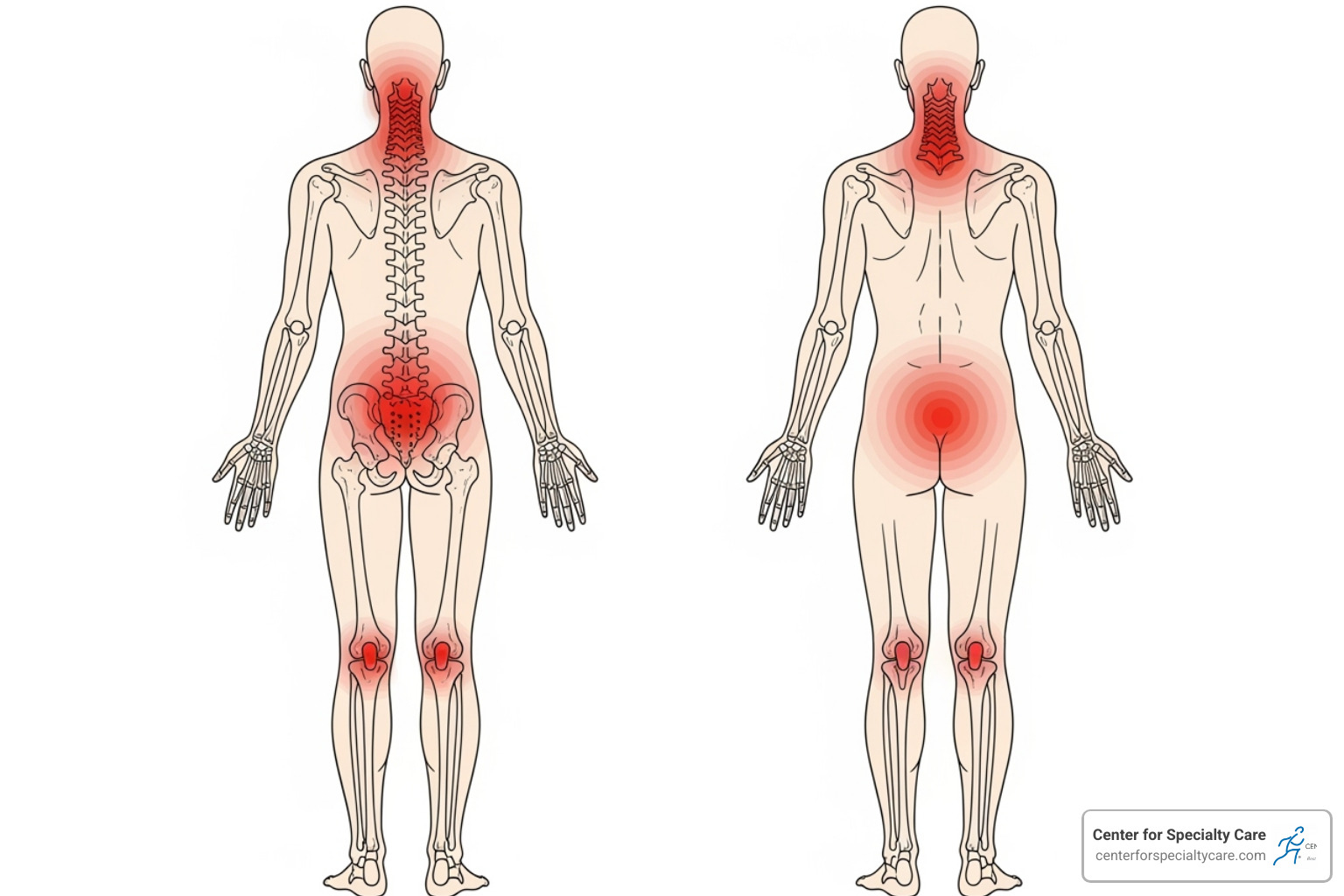 Diagram showing common chronic pain locations like the back, neck, and joints - chronic pain treatment