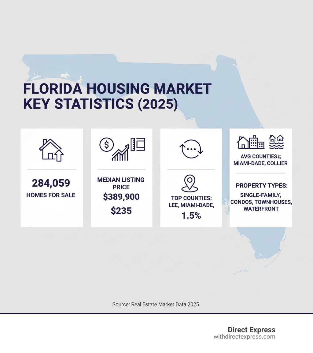 Infographic showing Florida housing market key statistics: 284,059 homes for sale, $389,900 median listing price, $235 average price per square foot, 1.5% inventory increase, top counties Lee Miami-Dade and Collier, property types including single-family condos townhouses and waterfront homes - houses in florida infographic 