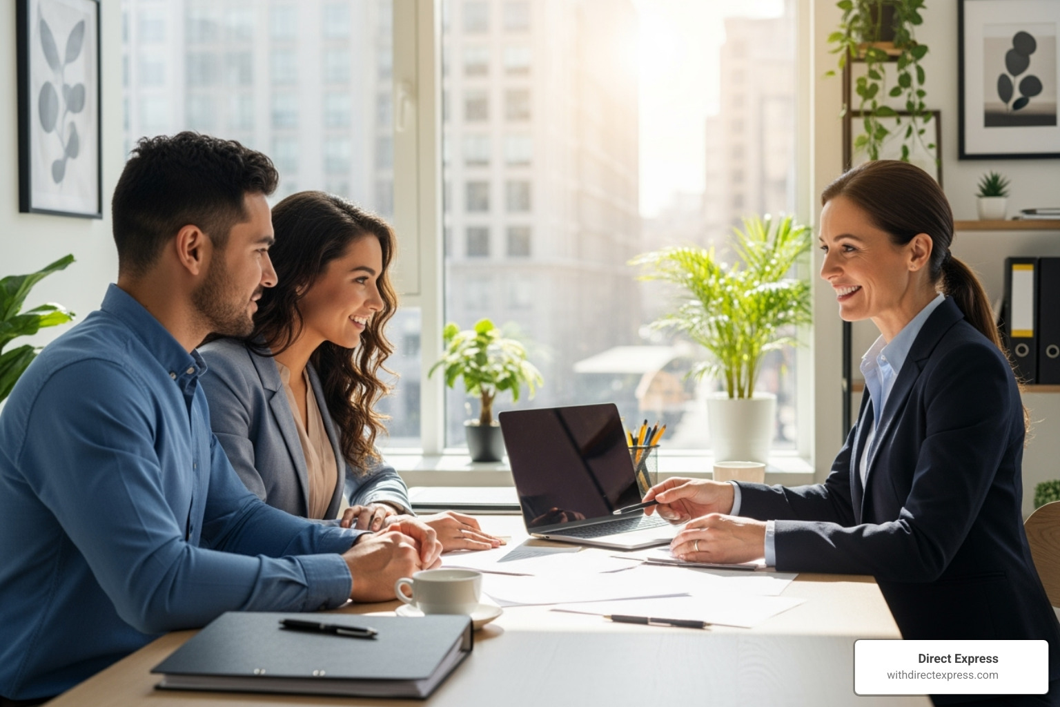 Couple meeting with a real estate agent in a modern office - houses in florida