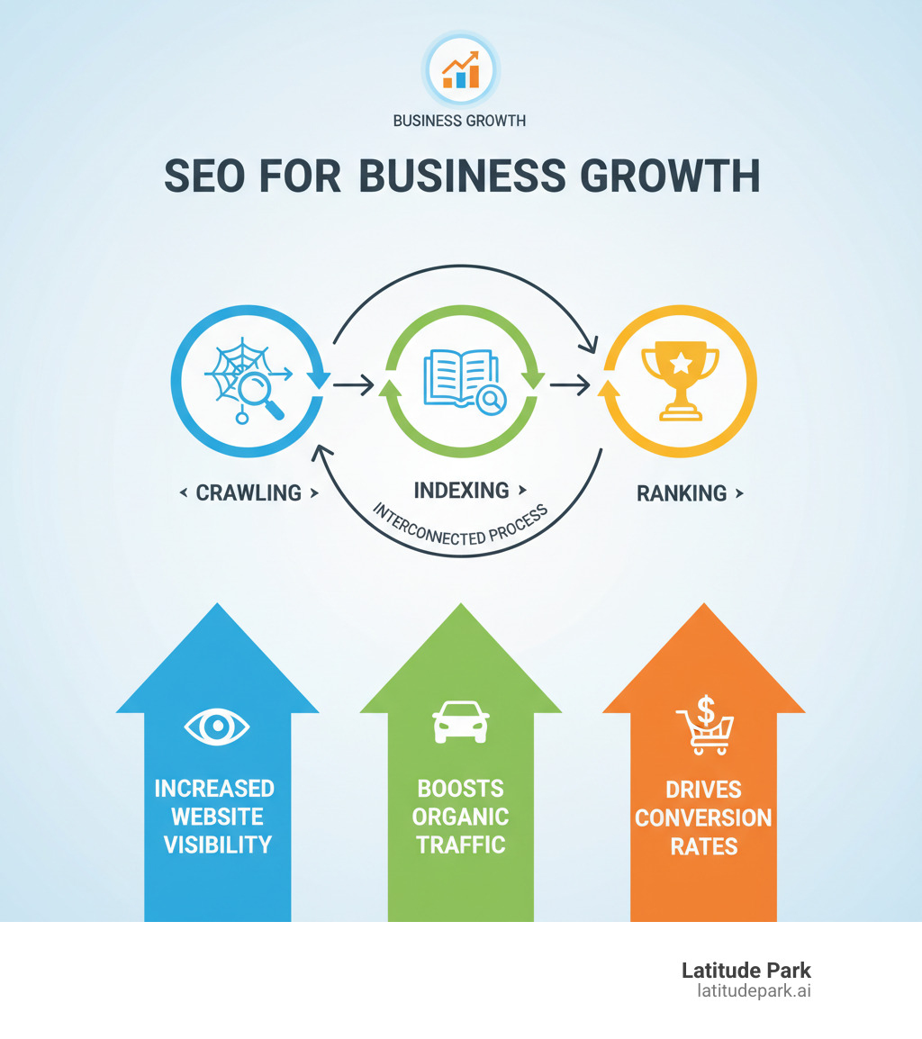 Infographic showing the positive impact of SEO on website visibility, organic traffic, and conversion rates, emphasizing the interconnectedness of crawling, indexing, and ranking for business growth. - crawling indexing and ranking infographic 