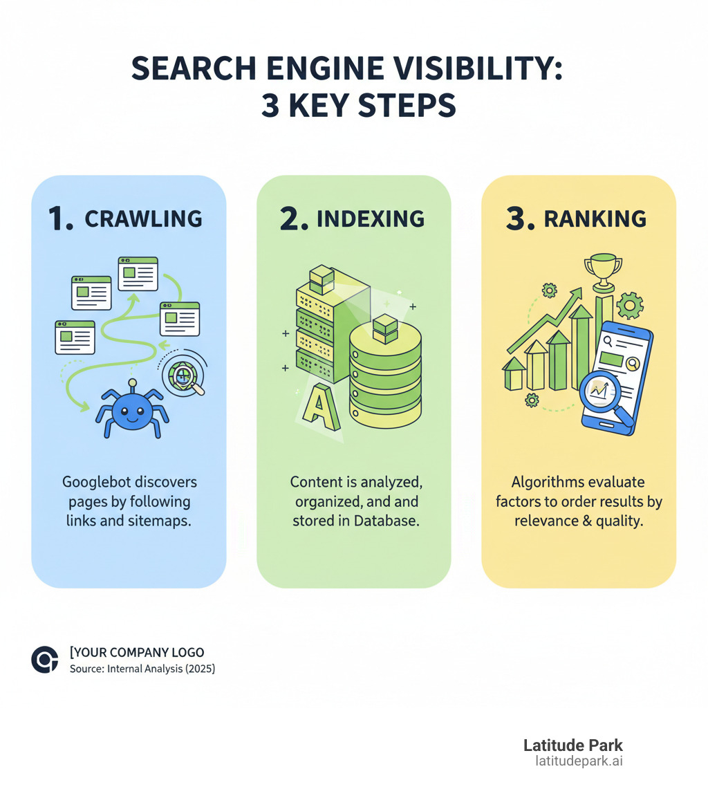 Infographic showing the three-stage search engine process: Stage 1 Crawling (Googlebot discovers pages by following links and sitemaps), Stage 2 Indexing (Content is analyzed, organized, and stored in Google's database), Stage 3 Ranking (Algorithms evaluate hundreds of factors to order results by relevance and quality) - crawling indexing and ranking infographic 