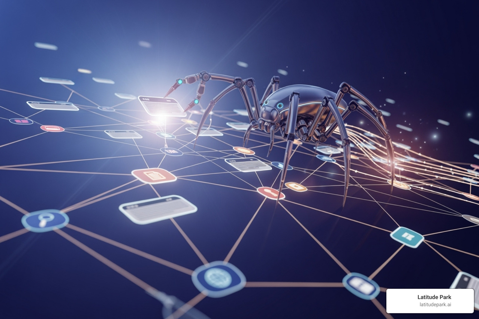 Illustration of a web crawler (spider) following links between web pages, showing how crawlers, spiders, and Googlebot find URLs through links and sitemaps - crawling indexing and ranking