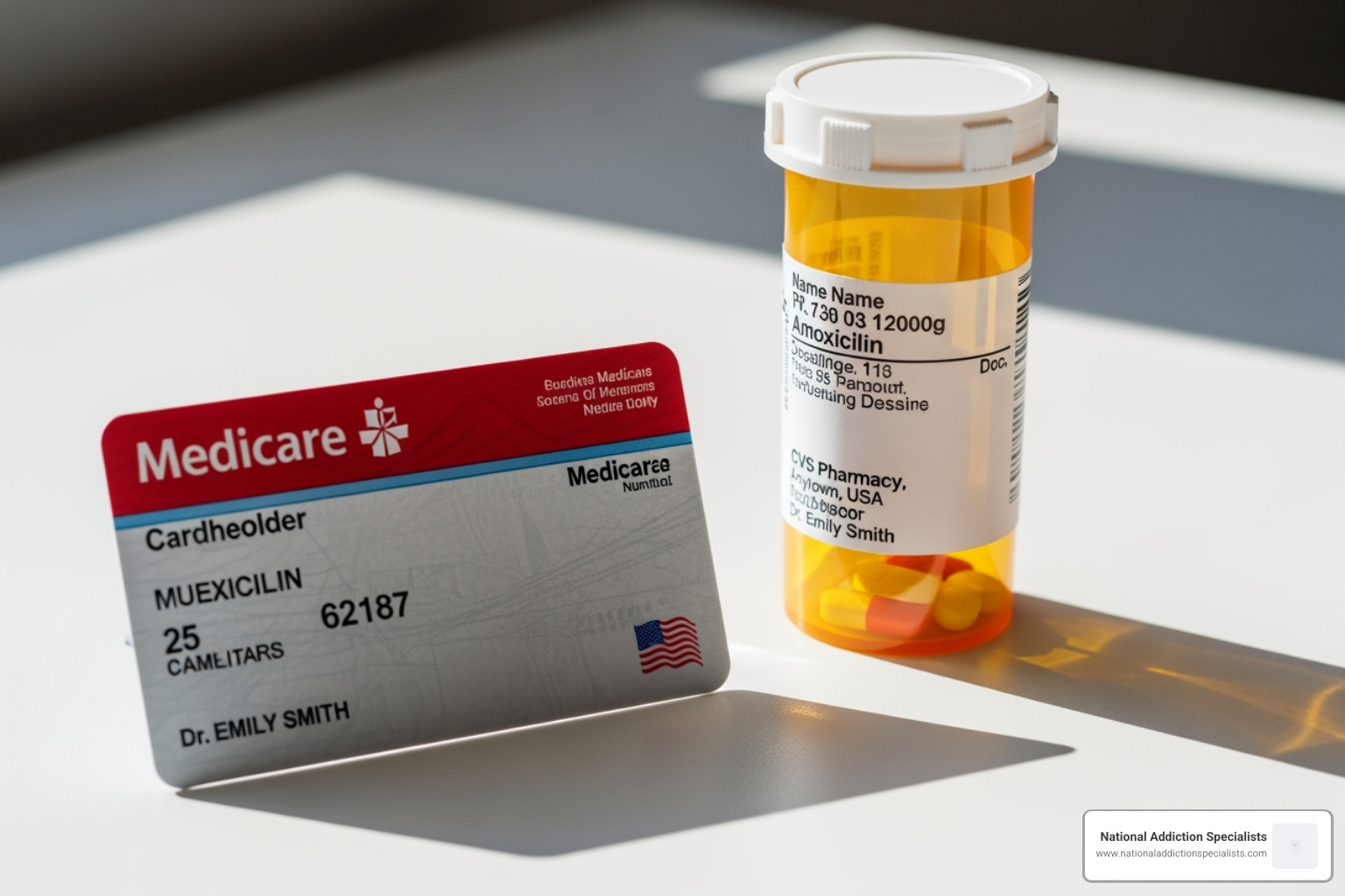 Medicare card next to prescription bottle - Medicare Suboxone doctors