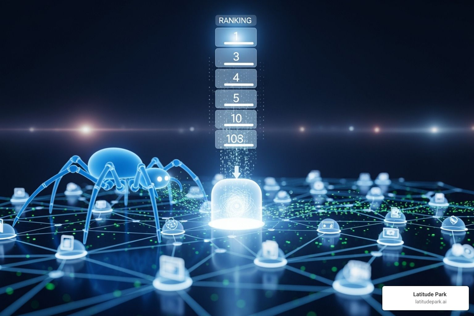 Depiction of a search engine results page (SERP) with the #1 result highlighted, focusing on search algorithms, ranking factors, relevance, authority, and user experience - crawling indexing and ranking