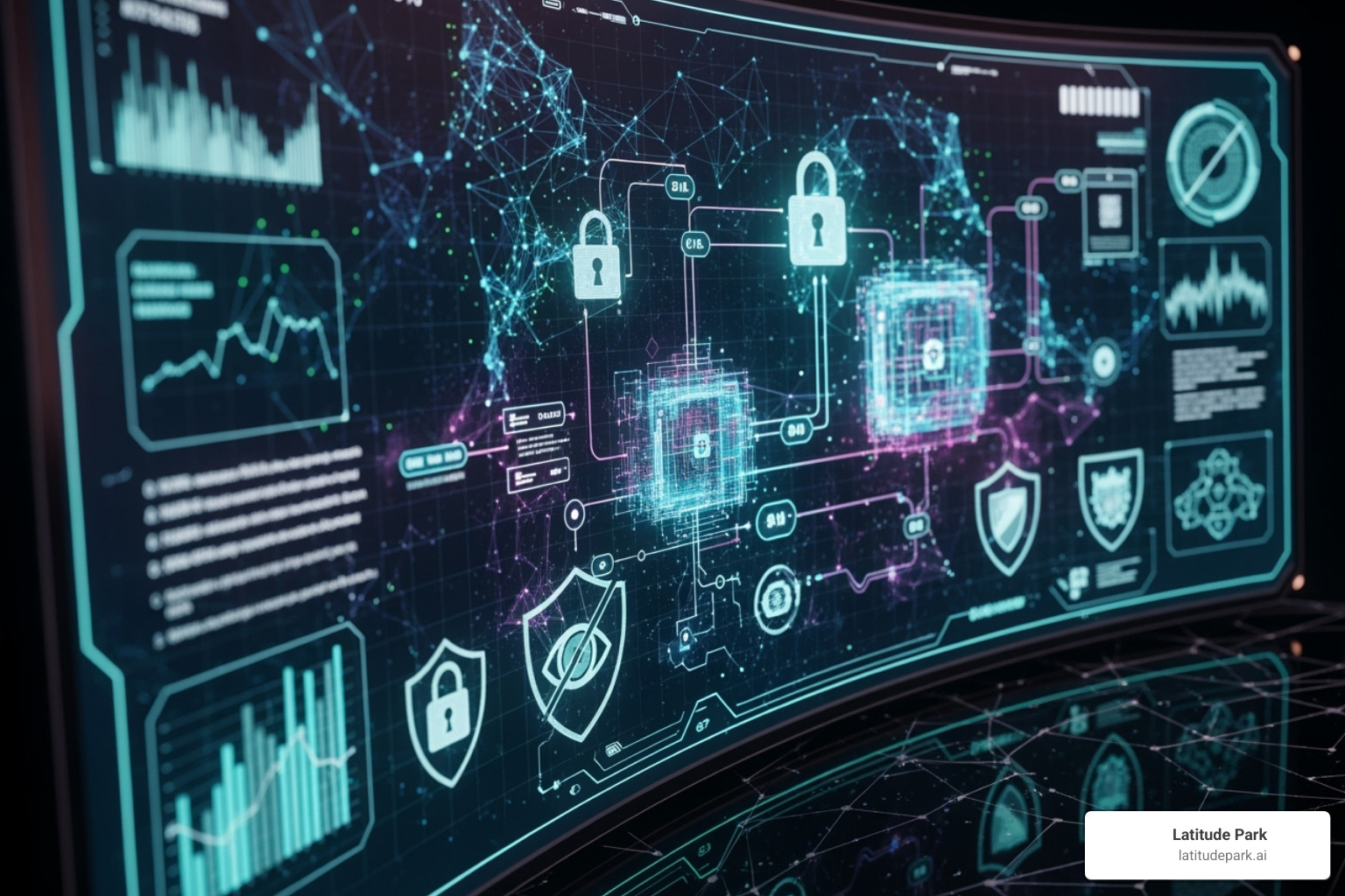 futuristic interface with AI and data privacy icons - digital advertising space