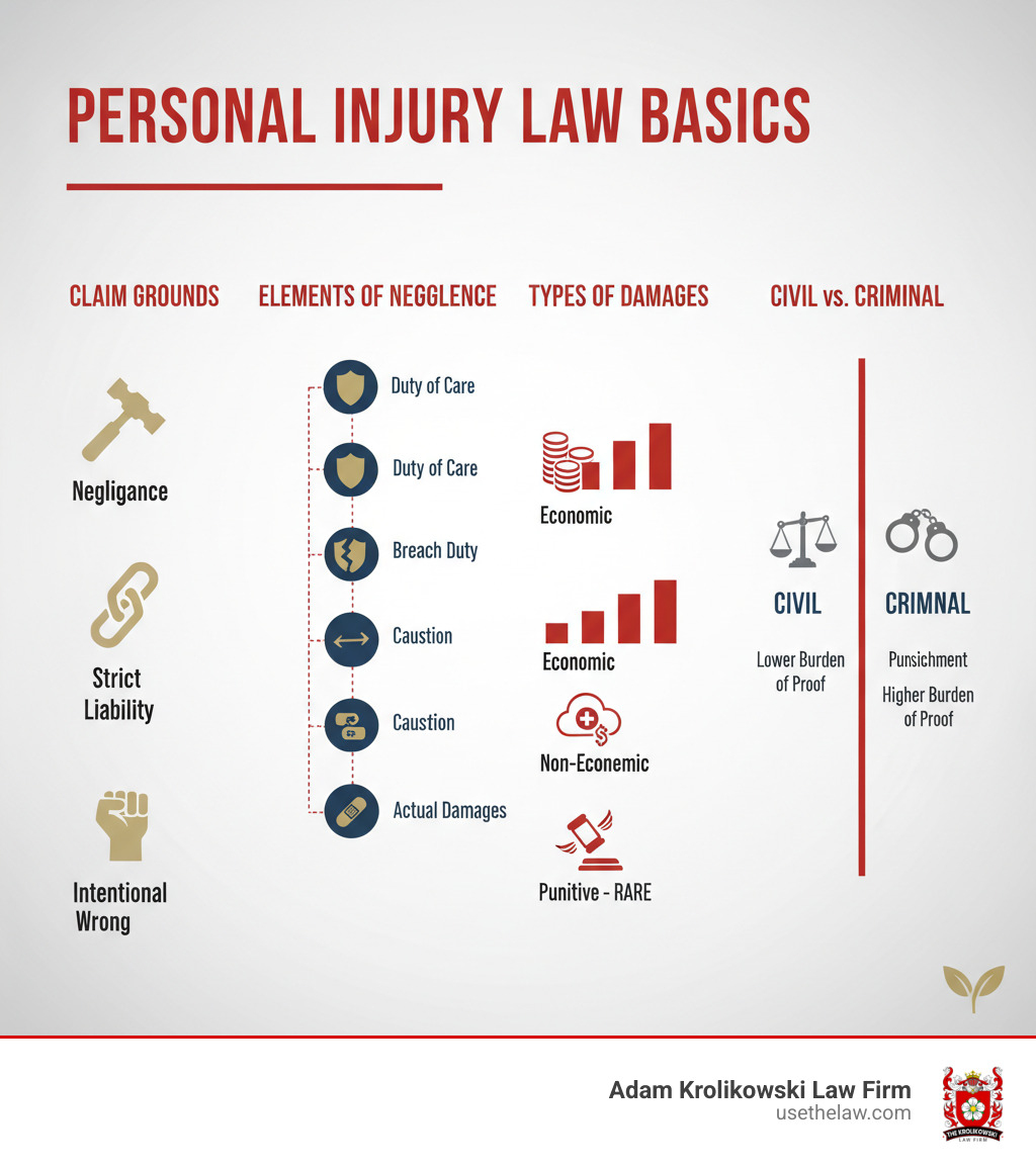 infographic showing personal injury law basics including the three main grounds for claims, four elements of negligence, types of damages recoverable, and the difference between civil and criminal cases - personal injury legal infographic infographic showing personal injury law basics including the three main grounds for claims, four elements of negligence, types of damages recoverable, and the difference between civil and criminal cases - personal injury legal infographic