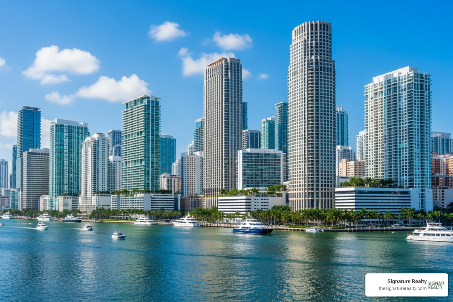 Brickell skyline with modern buildings and water - rent an office for a day in miami Brickell skyline with modern buildings and water - rent an office for a day in miami