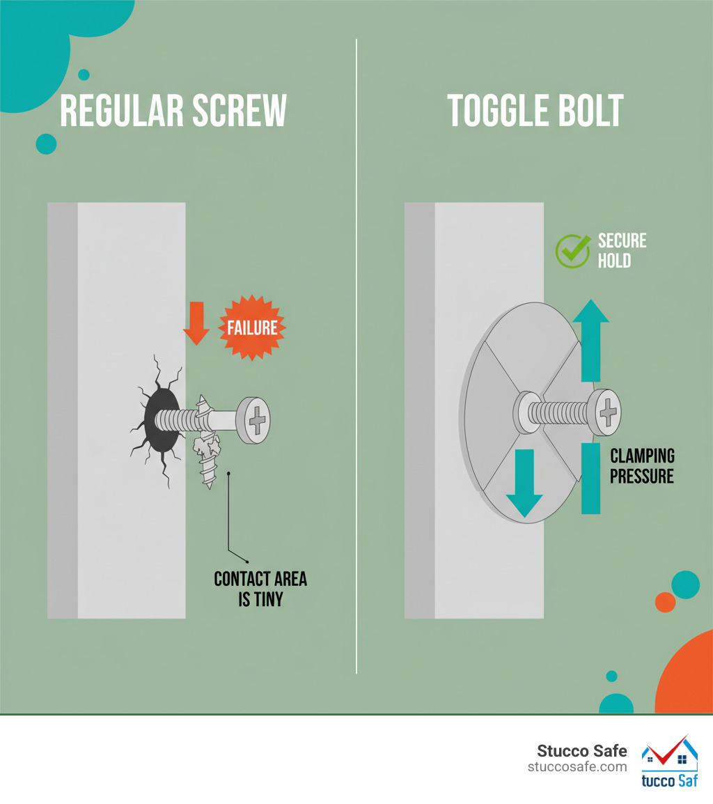 infographic showing cross-section comparison: left side shows regular screw pulling out of drywall with small contact area and failure, right side shows toggle bolt with wings spread behind drywall distributing force across large area with arrows indicating clamping pressure - how do toggle bolts work infographic infographic showing cross-section comparison: left side shows regular screw pulling out of drywall with small contact area and failure, right side shows toggle bolt with wings spread behind drywall distributing force across large area with arrows indicating clamping pressure - how do toggle bolts work infographic