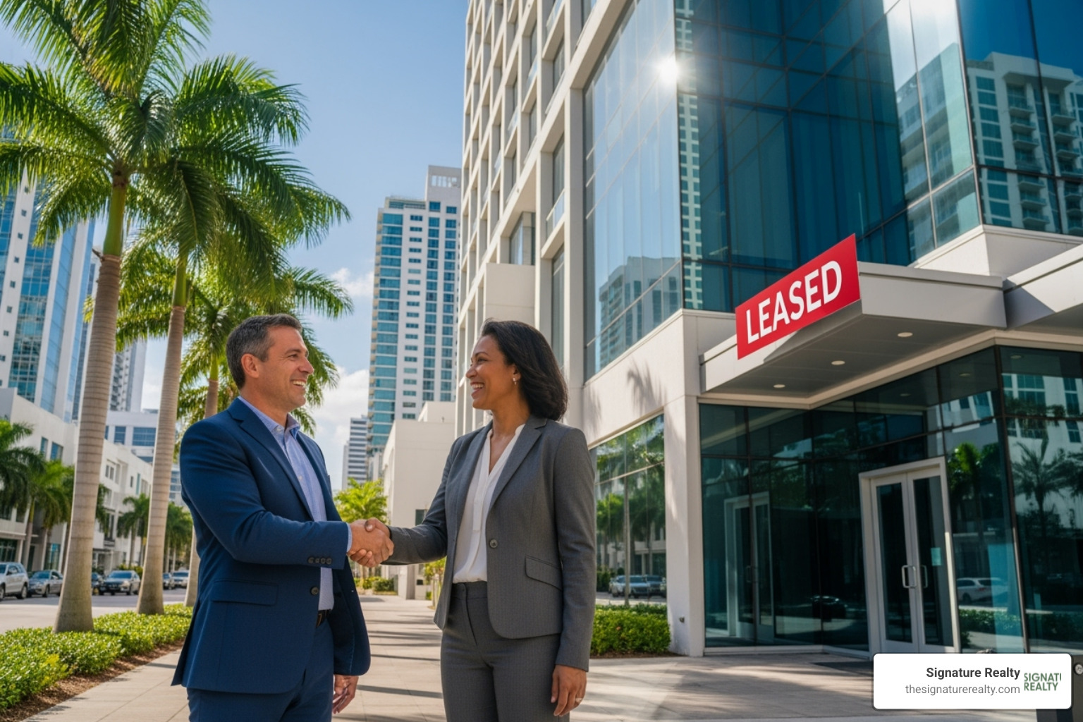 image of a handshake in front of a "Leased" sign in Doral, FL - how to negotiate a commercial lease image of a handshake in front of a "Leased" sign in Doral, FL - how to negotiate a commercial lease