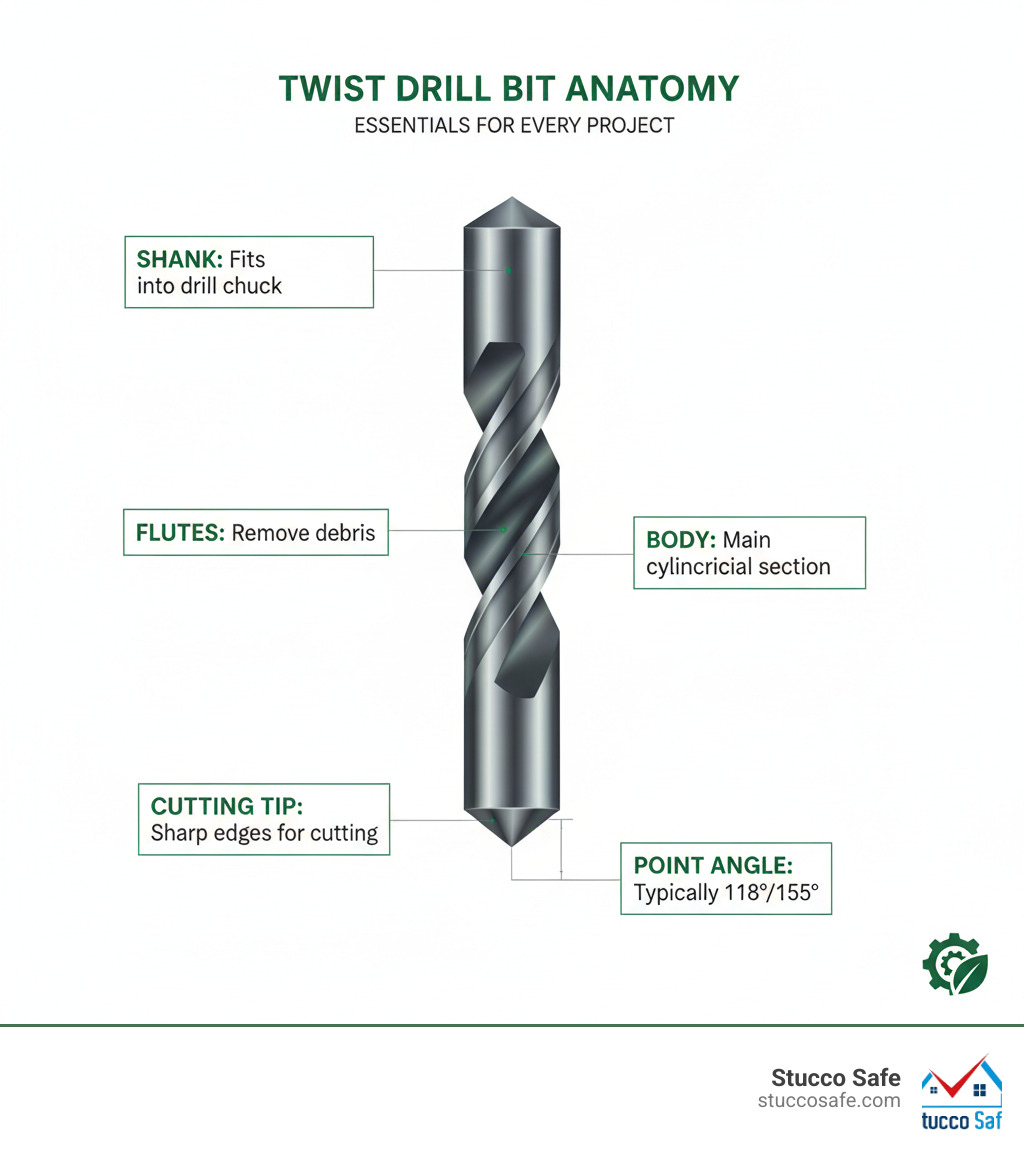 Infographic showing the anatomy of a twist drill bit, including labeled parts: shank (the end that fits into the drill chuck), flutes (spiral grooves that remove debris), body (the main cylindrical section), point angle (typically 118° or 135°), and cutting tip (the sharp edges that do the actual cutting) - drill bits infographic 