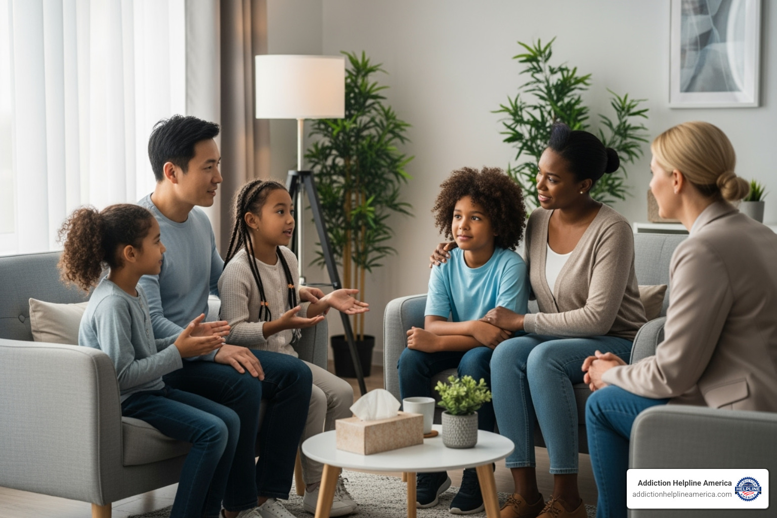 Image of a therapy session with a diverse family and a therapist, showing open communication and engagement - Addiction family therapy Image of a therapy session with a diverse family and a therapist, showing open communication and engagement - Addiction family therapy
