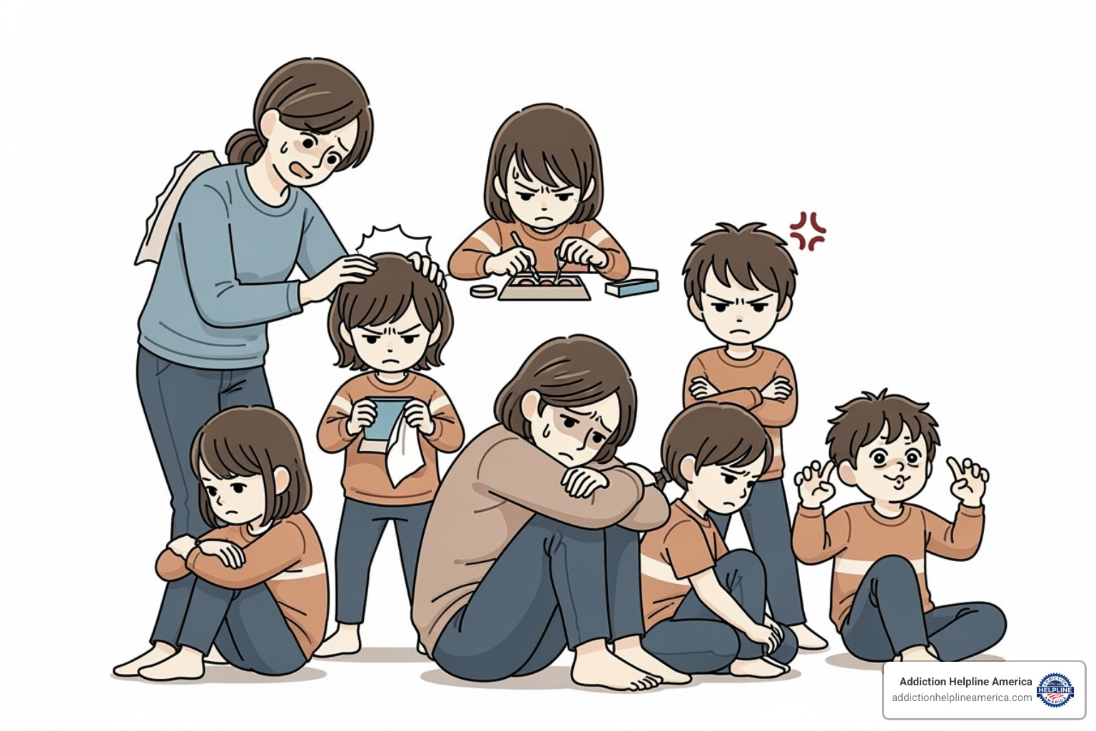 Image illustrating the concept of dysfunctional family roles, showing caricatures of family members labeled 'Enabler,' 'Hero,' 'Scapegoat,' 'Lost Child,' and 'Mascot' interacting around a central figure struggling with addiction - Addiction family therapy Image illustrating the concept of dysfunctional family roles, showing caricatures of family members labeled 'Enabler,' 'Hero,' 'Scapegoat,' 'Lost Child,' and 'Mascot' interacting around a central figure struggling with addiction - Addiction family therapy