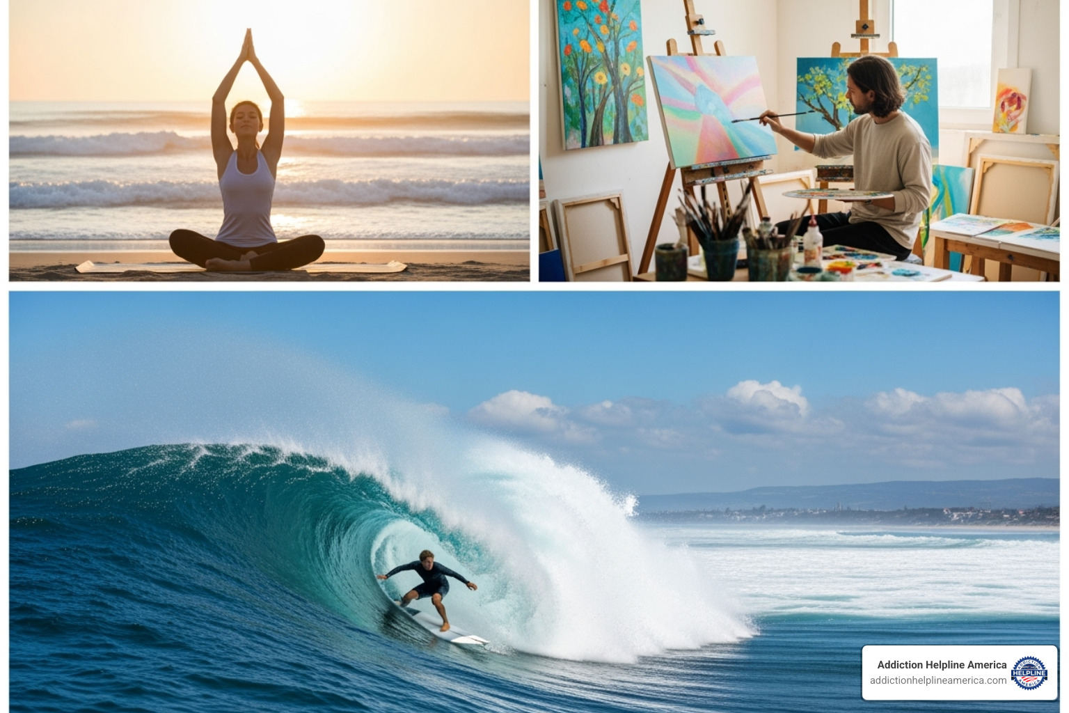 collage of different holistic activities like yoga, art, and surfing - Holistic rehab Costa Mesa collage of different holistic activities like yoga, art, and surfing - Holistic rehab Costa Mesa