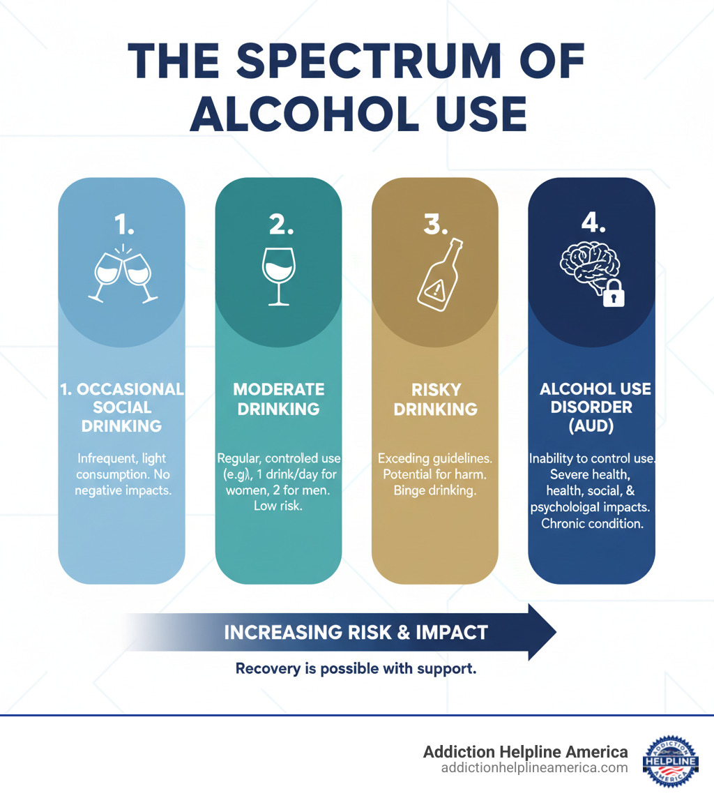 infographic showing the spectrum of alcohol use from occasional social drinking to moderate drinking to risky drinking to alcohol use disorder, with key characteristics and health impacts at each stage - alcoholic infographic  infographic showing the spectrum of alcohol use from occasional social drinking to moderate drinking to risky drinking to alcohol use disorder, with key characteristics and health impacts at each stage - alcoholic infographic