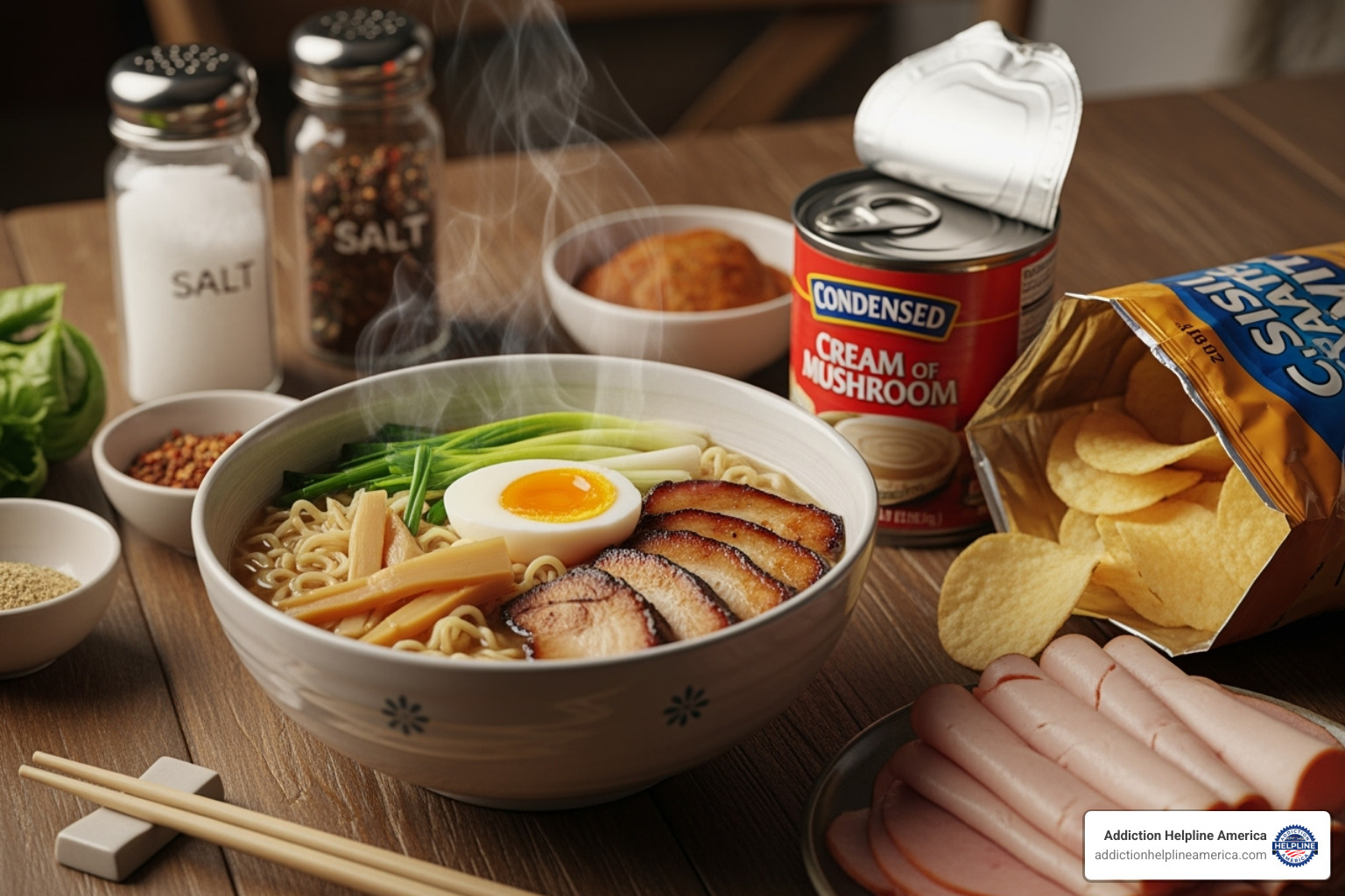 Various foods containing MSG, such as ramen noodles, canned soup, potato chips, and deli meat - does msg make you addicted to food Various foods containing MSG, such as ramen noodles, canned soup, potato chips, and deli meat - does msg make you addicted to food