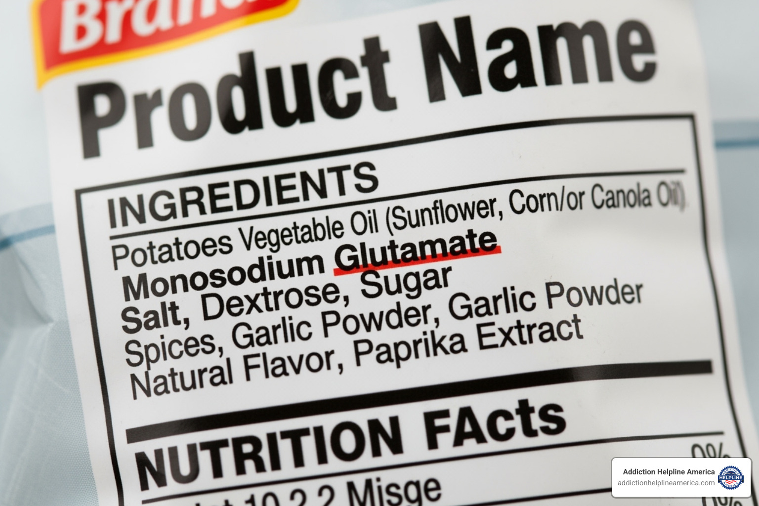 Close-up of a food label with "Monosodium Glutamate" highlighted - does msg make you addicted to food Close-up of a food label with "Monosodium Glutamate" highlighted - does msg make you addicted to food