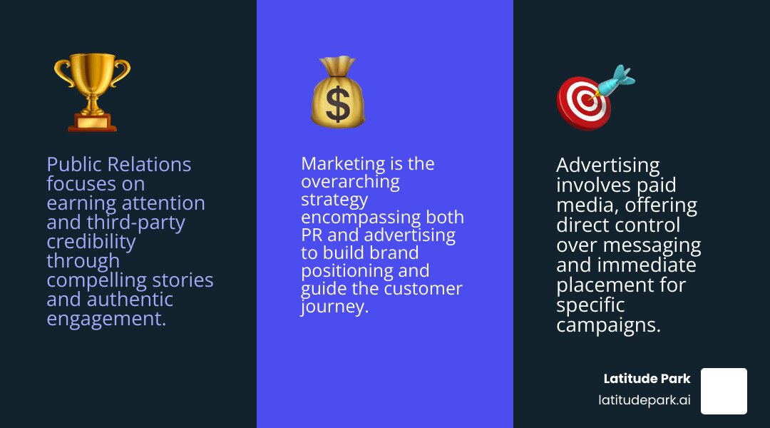 Infographic showing three columns: Public Relations (earned media through stories, press coverage, thought leadership, third-party credibility), Advertising (paid media through purchased ad space, direct control, immediate placement, costs per impression), and Marketing (umbrella strategy encompassing both PR and advertising, integrated campaigns, brand positioning, customer journey) - managing public relations infographic 3_facts_emoji_blue