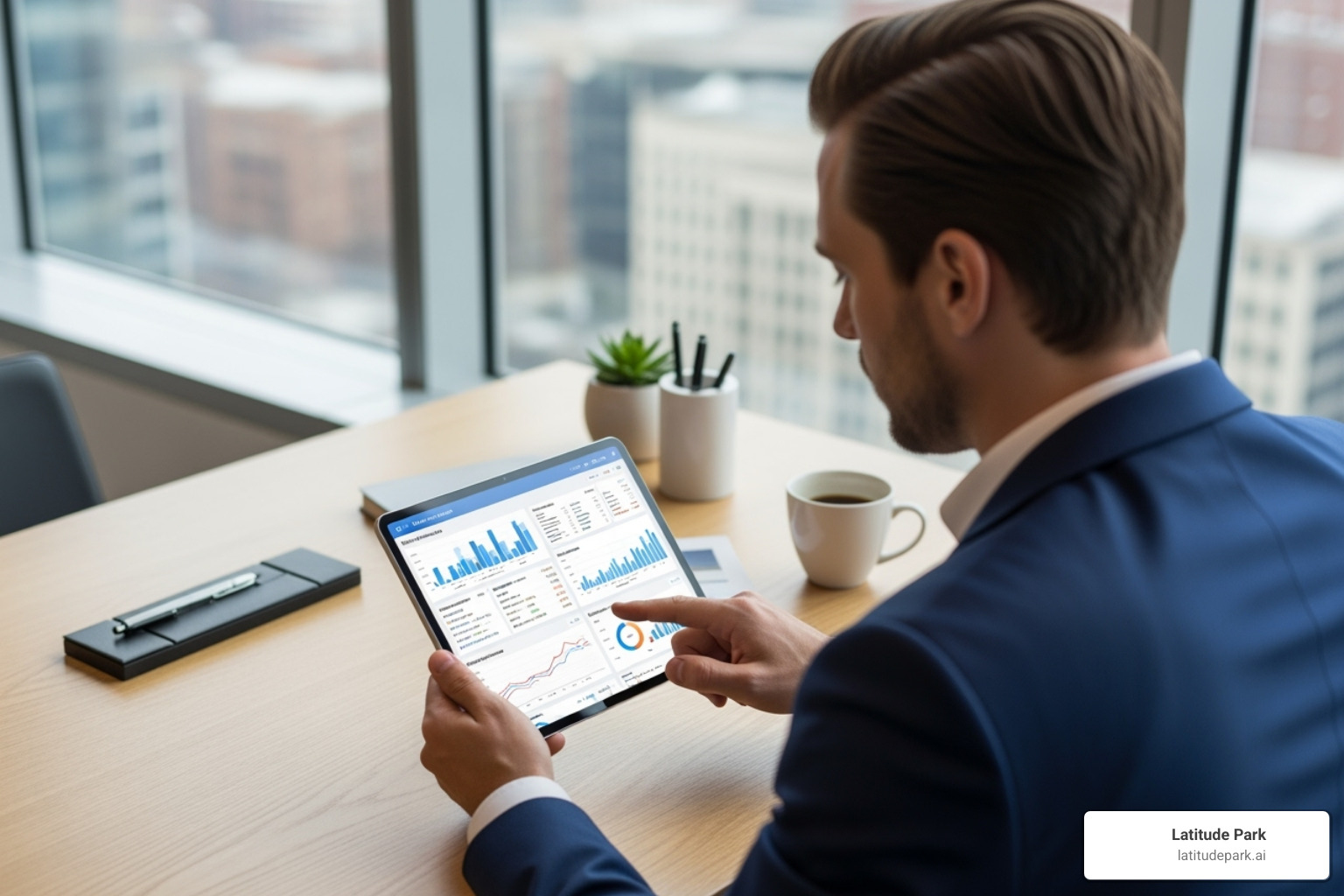 professional analyzing a PR analytics dashboard on a tablet - managing public relations