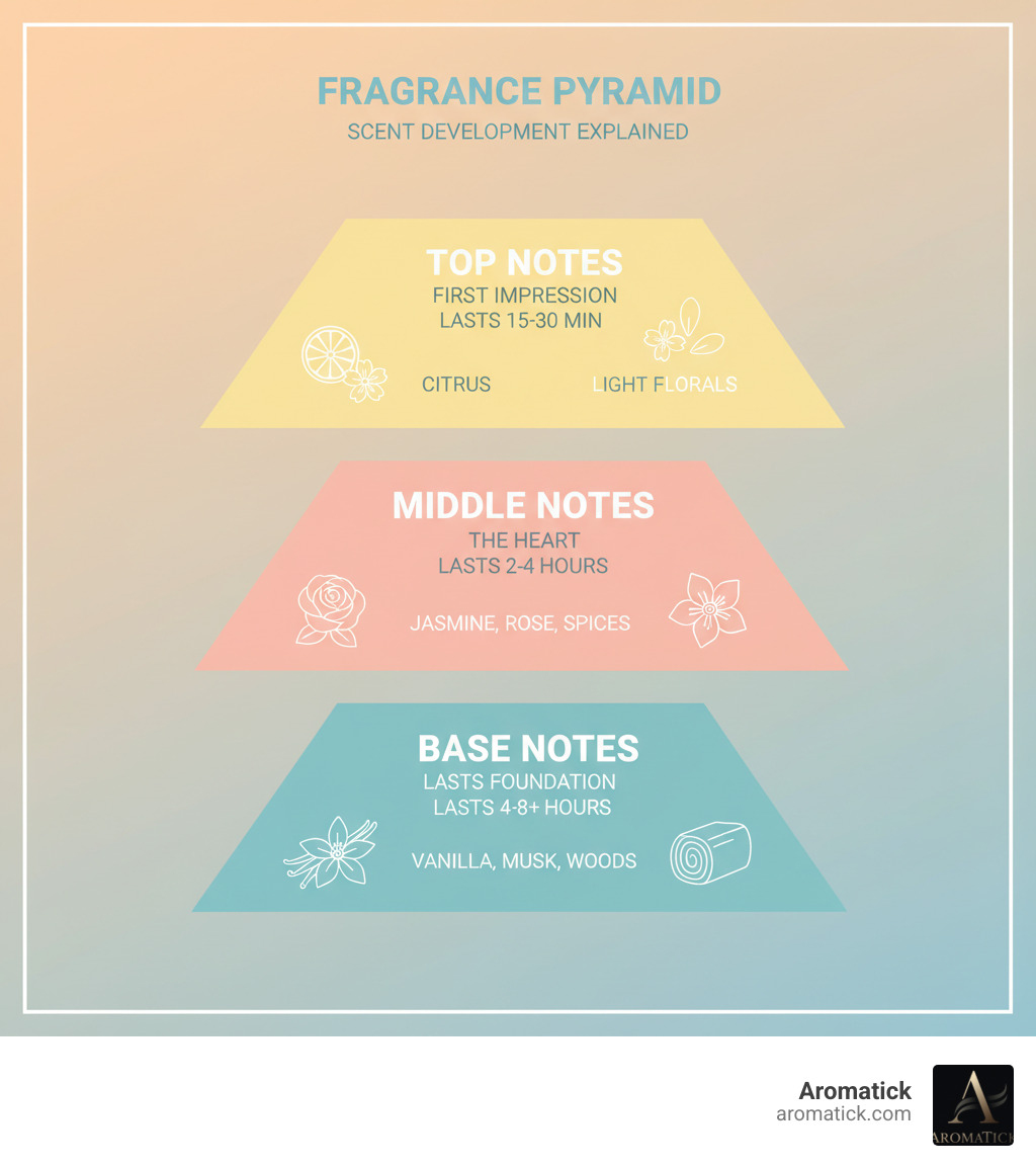 Infographic showing the fragrance pyramid with three tiers: Top Notes (first impression, lasts 15-30 minutes, includes citrus and light florals), Middle Notes (the heart, lasts 2-4 hours, includes jasmine, rose, and spices), and Base Notes (the foundation, lasts 4-8+ hours, includes vanilla, musk, and woods). Each tier shows example ingredients and their role in scent development. - best women's perfume infographic Infographic showing the fragrance pyramid with three tiers: Top Notes (first impression, lasts 15-30 minutes, includes citrus and light florals), Middle Notes (the heart, lasts 2-4 hours, includes jasmine, rose, and spices), and Base Notes (the foundation, lasts 4-8+ hours, includes vanilla, musk, and woods). Each tier shows example ingredients and their role in scent development. - best women's perfume infographic