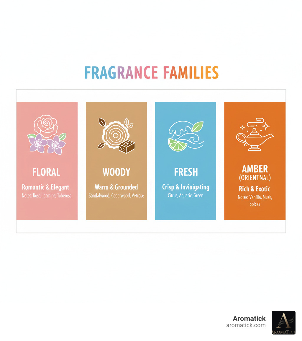 Infographic illustrating the main fragrance families: Floral, Woody, Fresh, and Amber (Oriental), with brief descriptions and example notes for each. - best women's perfume infographic Infographic illustrating the main fragrance families: Floral, Woody, Fresh, and Amber (Oriental), with brief descriptions and example notes for each. - best women's perfume infographic