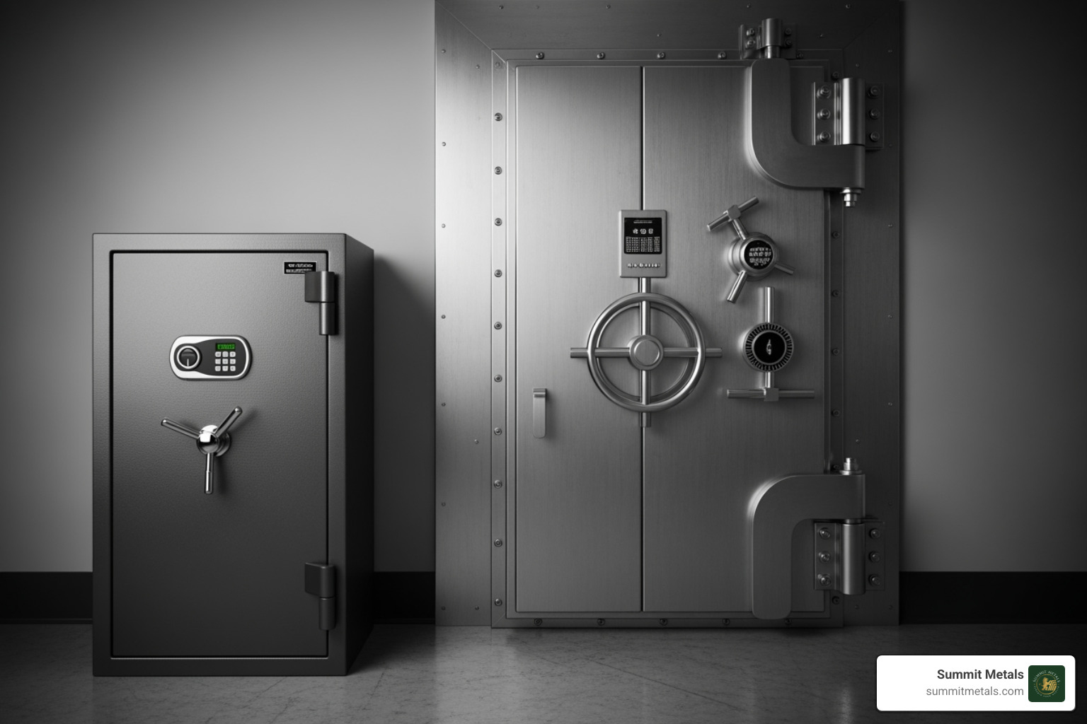a secure home safe next to a professional vault door, illustrating storage options - american gold bar a secure home safe next to a professional vault door, illustrating storage options - american gold bar