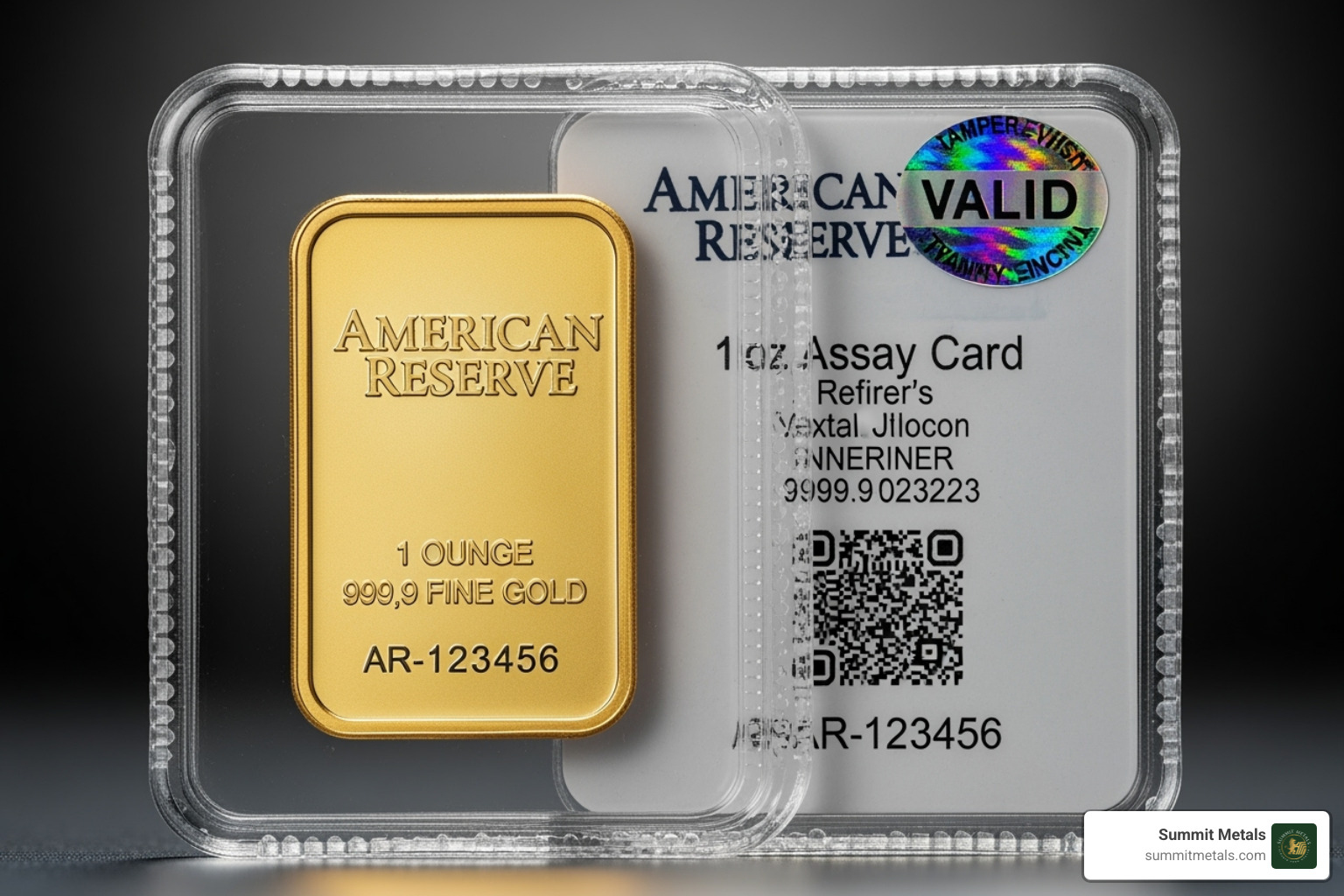 a 1 oz American Reserve Gold Bar in its assay packaging, showing the serial number - american gold bar a 1 oz American Reserve Gold Bar in its assay packaging, showing the serial number - american gold bar