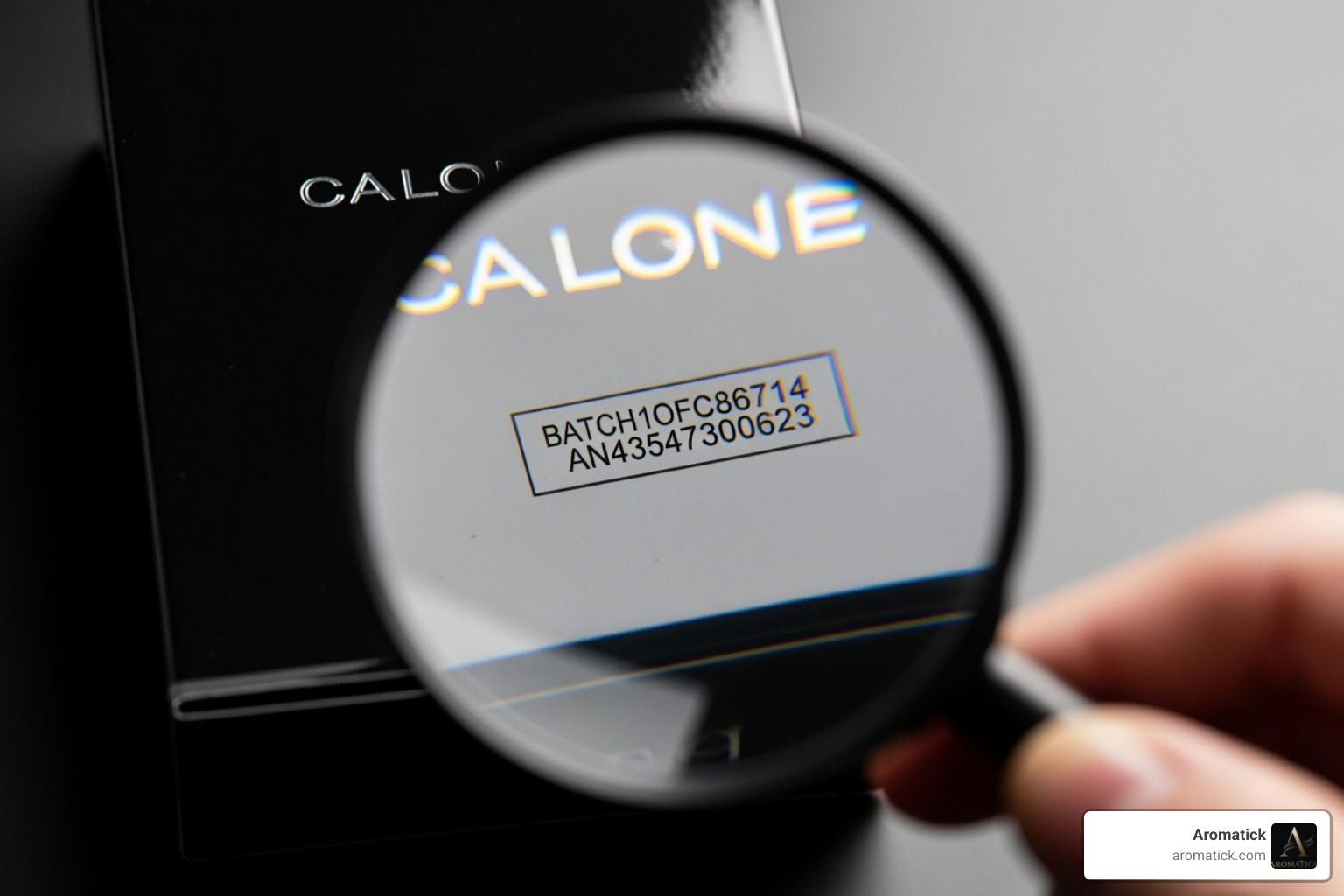magnifying glass over cologne box, highlighting batch code - buy discount cologne magnifying glass over cologne box, highlighting batch code - buy discount cologne