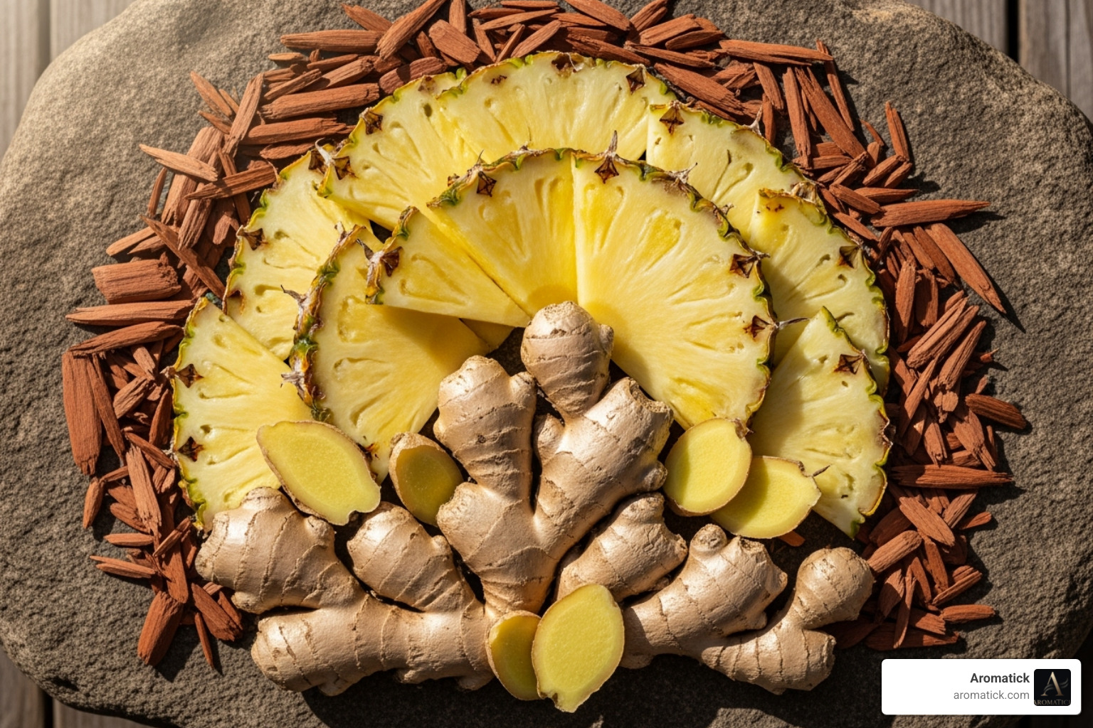 fragrance notes like pineapple ginger and cedarwood arranged artistically - valentino cologne yellow dream