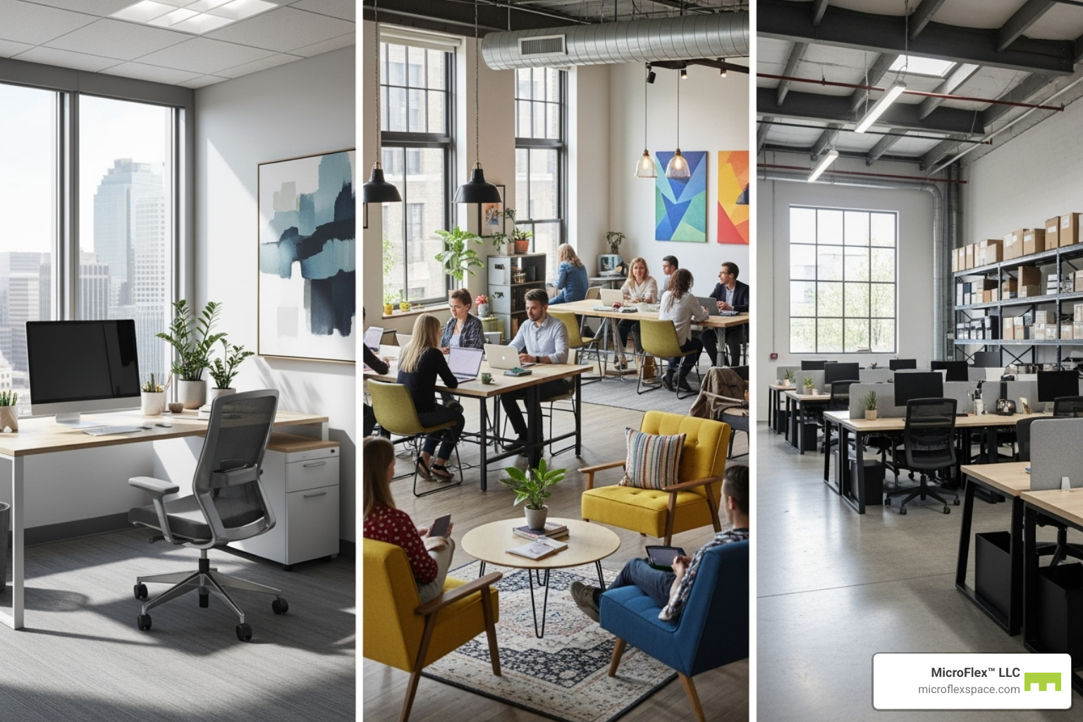 different types of spaces like a private office, a coworking area, and a warehouse office - Flexible workspace solutions different types of spaces like a private office, a coworking area, and a warehouse office - Flexible workspace solutions