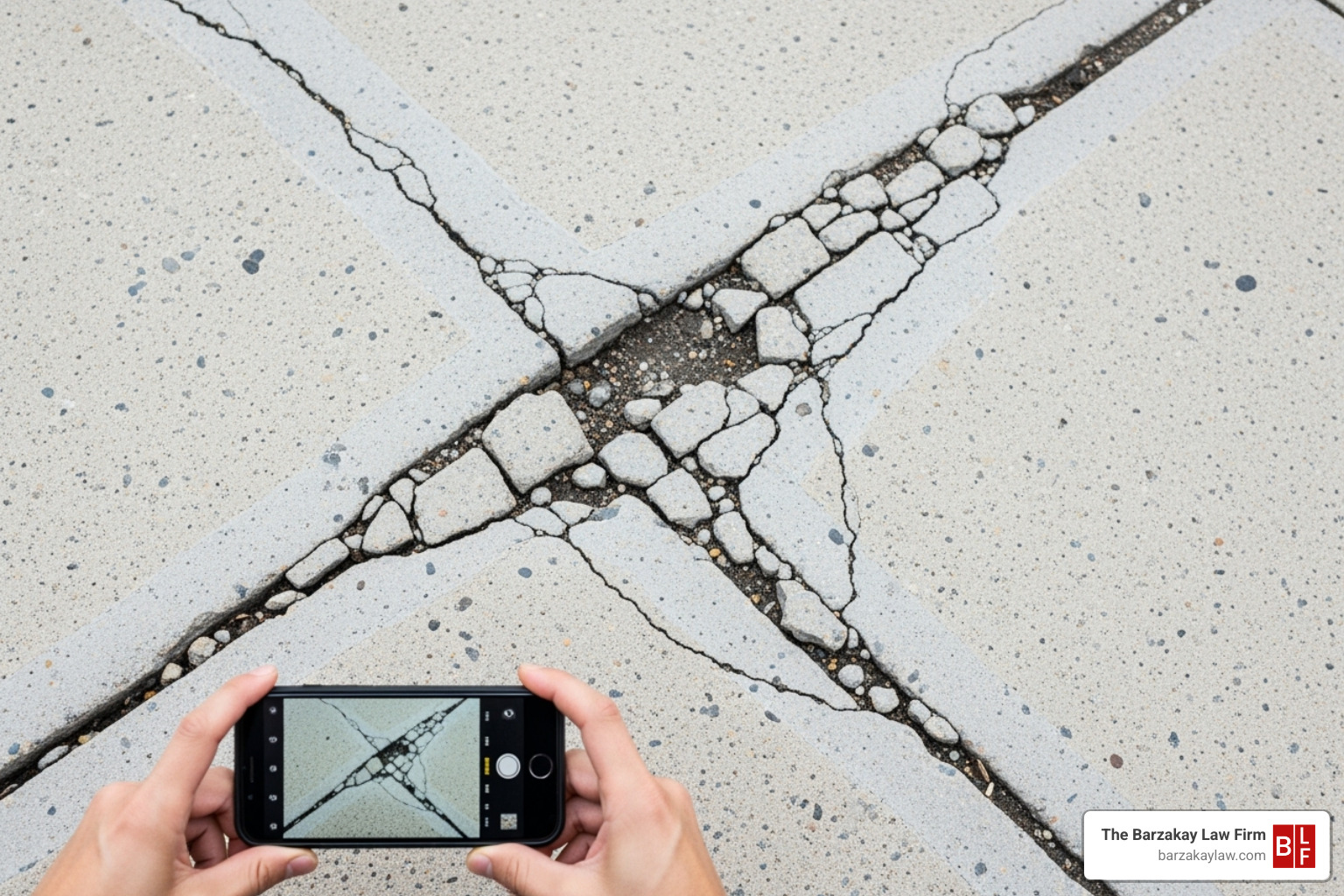Person using their smartphone to photograph a cracked sidewalk - slip and fall attorney hollywood fl Person using their smartphone to photograph a cracked sidewalk - slip and fall attorney hollywood fl