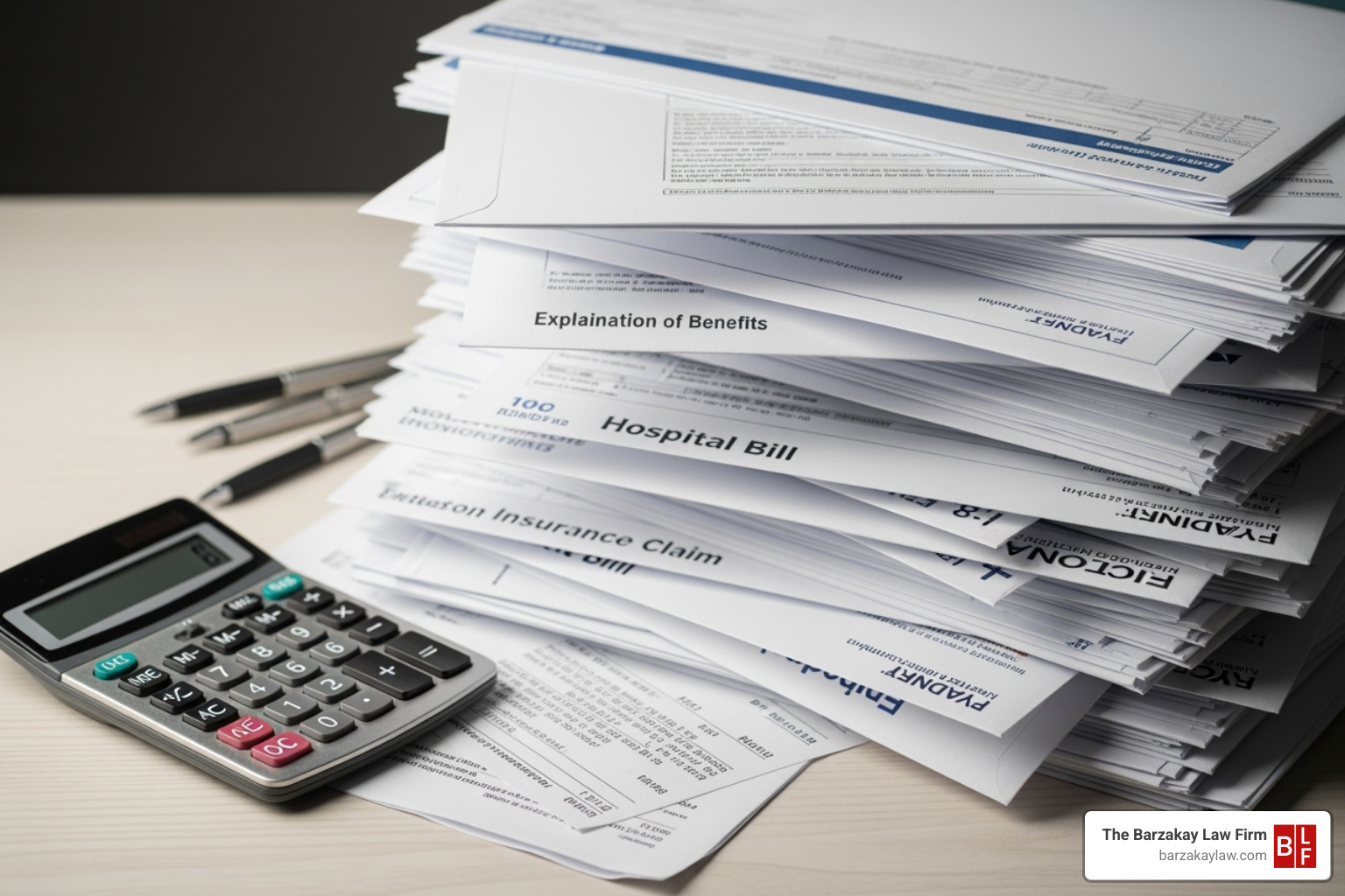 Image of a calculator next to a stack of medical bills and documents - tbi injury settlements