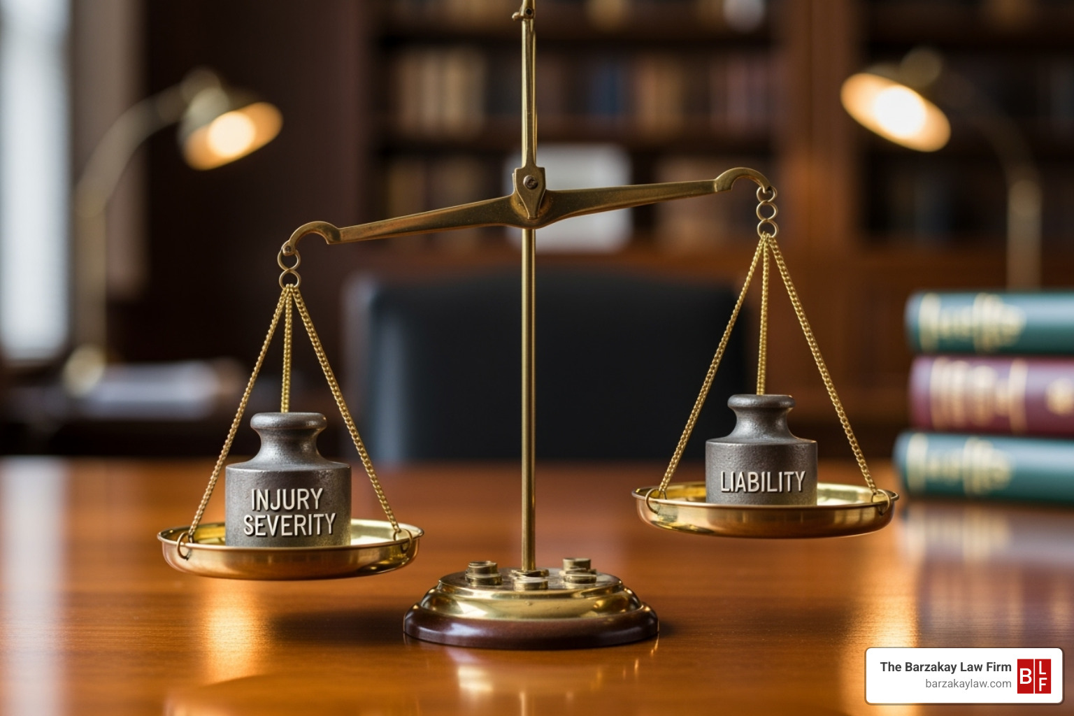 Image of scales balancing various factors, such as 'Injury Severity' on one side and 'Liability' on the other, representing the complex nature of settlement calculations - tbi injury settlements