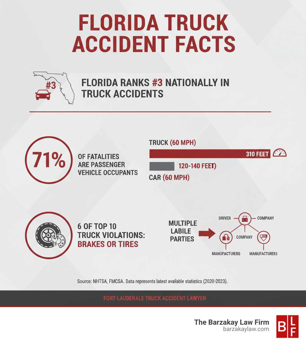 Infographic showing truck accident statistics in Florida: Florida ranks #3 in the nation for truck accidents; 71% of large truck crash fatalities are passenger vehicle occupants; trucks need 310 feet to stop at 60 mph vs. 120-140 feet for cars; 6 of top 10 truck violations involve brakes or tires; multiple liable parties include driver, company, loaders, manufacturers - fort lauderdale truck accident lawyer infographic 