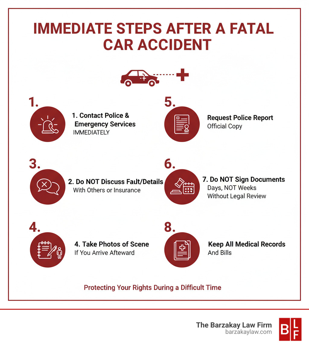 Infographic showing immediate steps after a fatal car accident: 1. Contact police and emergency services immediately, 2. Do not discuss fault or details with other drivers or insurance companies, 3. Gather witness names and contact information if possible, 4. Take photos of the accident scene if you arrive afterward, 5. Request a copy of the police report, 6. Contact a wrongful death attorney within days, not weeks, 7. Do not sign any documents from insurance companies without legal review, 8. Keep all medical records and bills related to the accident - car accident wrongful death infographic 