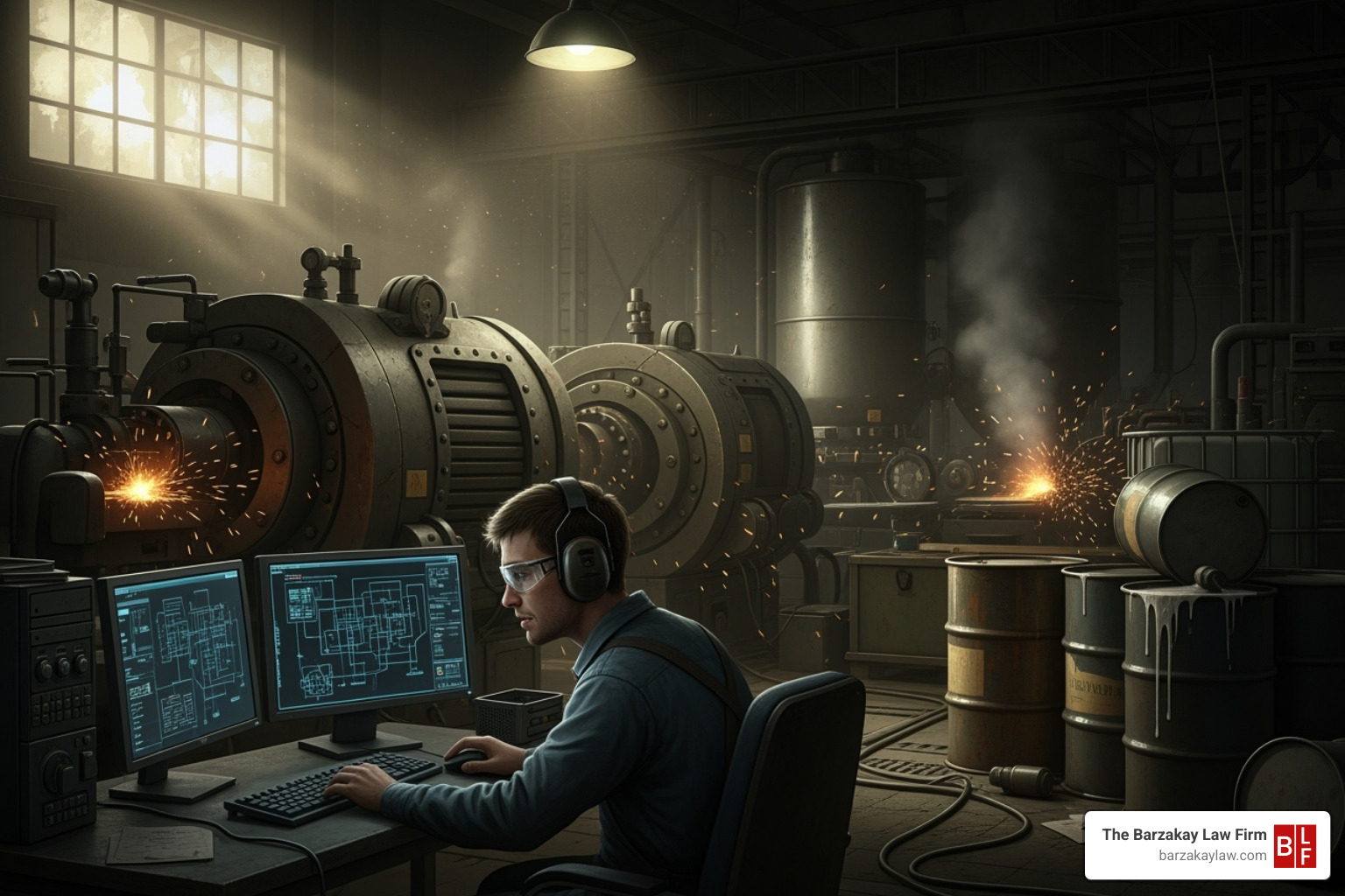 of various workplace hazards like chemical barrels, loud machinery, and repetitive computer work - occupational disease lawyer