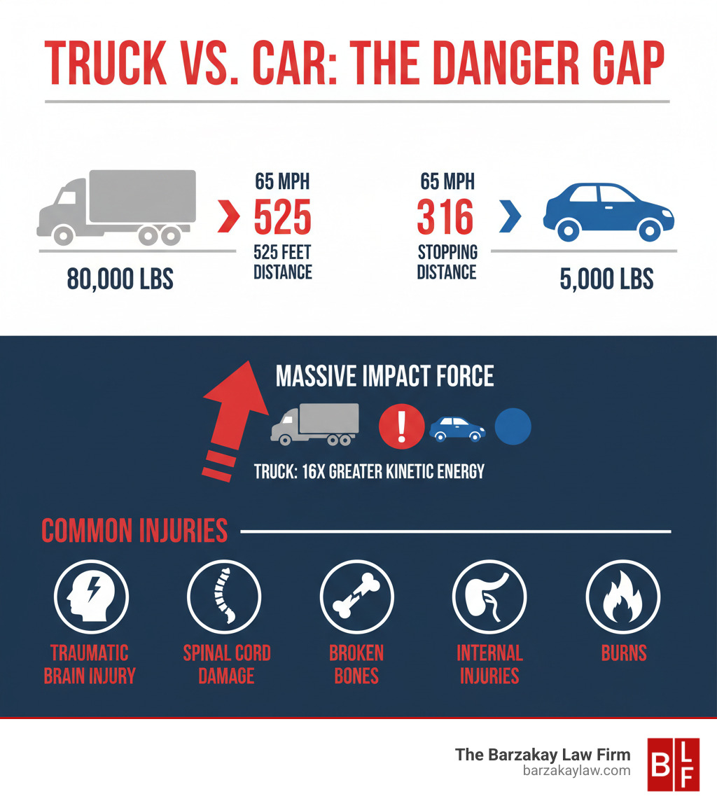 infographic showing commercial truck at 80,000 pounds requiring 525 feet to stop at 65 mph versus passenger car at 5,000 pounds requiring 316 feet to stop, with impact force comparison and common injury types including traumatic brain injury, spinal cord damage, broken bones, internal injuries, and burns - truck accident lawyer near me fort lauderdale infographic 