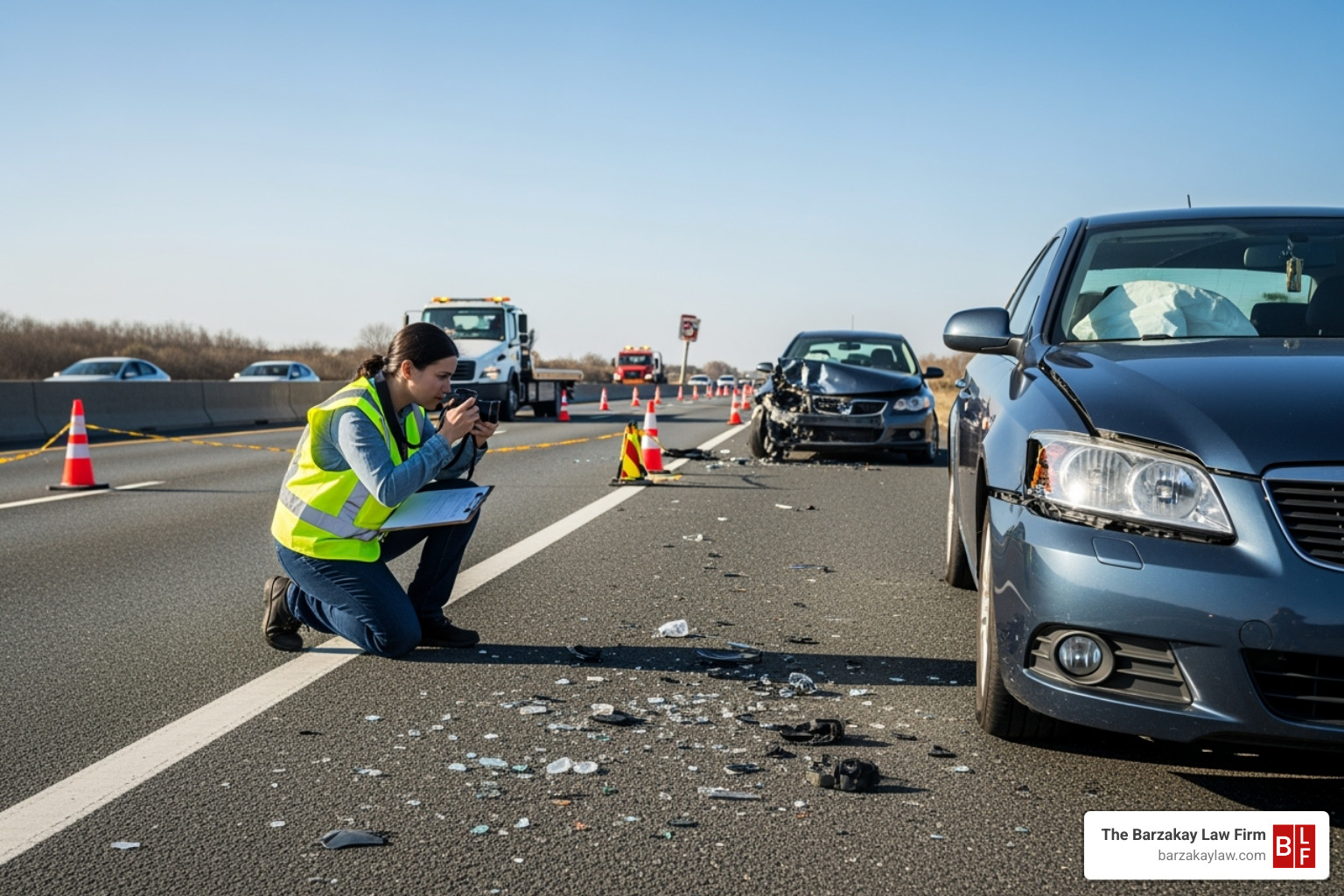 person safely taking photos of vehicle damage at an accident scene - truck accident lawyer near me fort lauderdale