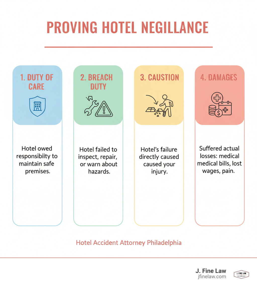 Infographic showing the 4 elements of proving hotel negligence: 1. Duty of Care - Hotel owed you a responsibility to maintain safe premises; 2. Breach of Duty - Hotel failed to inspect, repair, or warn about hazards; 3. Causation - The hotel's failure directly caused your injury; 4. Damages - You suffered actual losses like medical bills, lost wages, or pain and suffering - hotel accident attorney Philadelphia infographic Infographic showing the 4 elements of proving hotel negligence: 1. Duty of Care - Hotel owed you a responsibility to maintain safe premises; 2. Breach of Duty - Hotel failed to inspect, repair, or warn about hazards; 3. Causation - The hotel's failure directly caused your injury; 4. Damages - You suffered actual losses like medical bills, lost wages, or pain and suffering - hotel accident attorney Philadelphia infographic