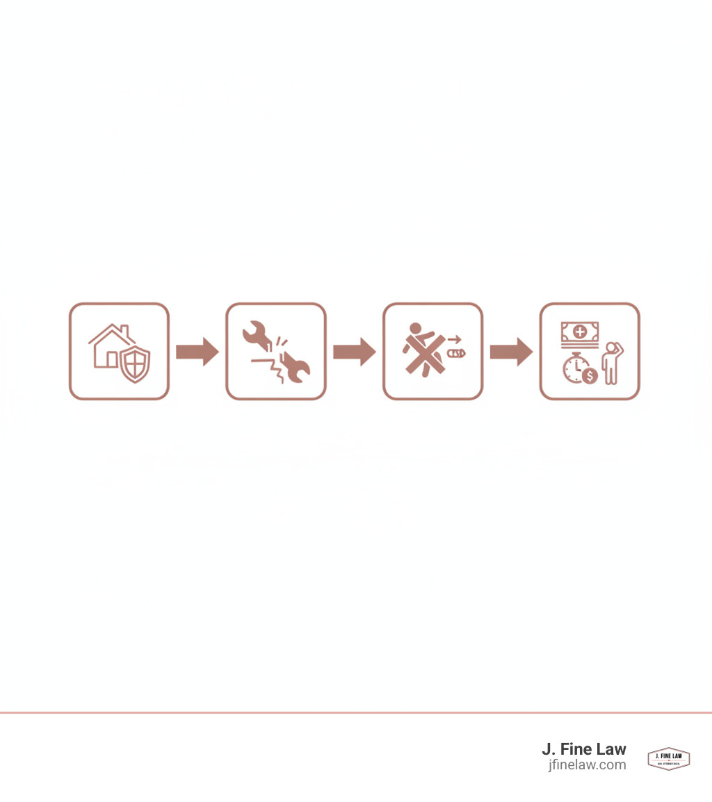 infographic showing the four elements of a landlord negligence claim in Philadelphia: 1) Duty of Care - landlord must maintain safe property, 2) Breach of Duty - landlord failed to fix known hazards or inspect property, 3) Causation - the unsafe condition directly caused your injury, 4) Damages - you suffered medical bills lost wages pain and suffering or other losses - landlord negligence lawyer Philadelphia infographic infographic showing the four elements of a landlord negligence claim in Philadelphia: 1) Duty of Care - landlord must maintain safe property, 2) Breach of Duty - landlord failed to fix known hazards or inspect property, 3) Causation - the unsafe condition directly caused your injury, 4) Damages - you suffered medical bills lost wages pain and suffering or other losses - landlord negligence lawyer Philadelphia infographic