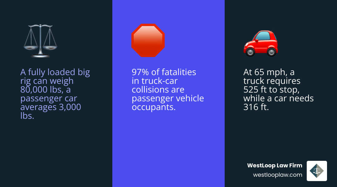 infographic showing an 80,000-pound commercial truck versus a 3,000-pound passenger car, with data on stopping distances at 65 mph (525 feet for trucks versus 316 feet for cars), force of impact calculations, and statistics showing 97% of fatalities in truck-versus-car crashes are passenger vehicle occupants - trucking accident attorney houston infographic 3_facts_emoji_blue