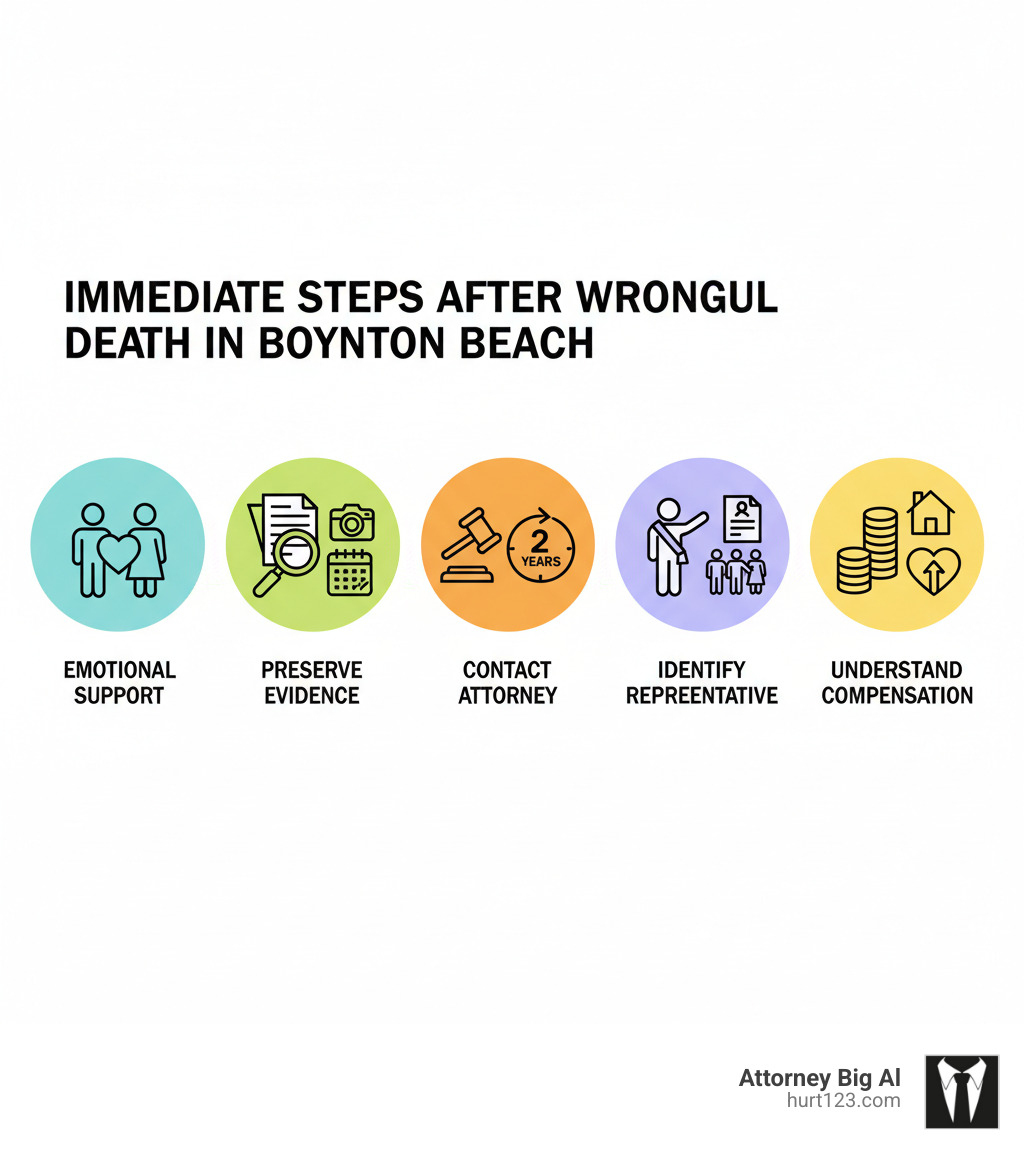 Infographic showing the immediate steps after a wrongful death in Boynton Beach: 1) Seek emotional support from family, friends, or counselors, 2) Preserve evidence like photos, medical records, and accident reports, 3) Contact a wrongful death attorney within two years of the death, 4) Identify the personal representative who will file the claim, 5) Understand available compensation including funeral costs, lost income, and pain and suffering - boynton beach wrongful death lawyer infographic 
