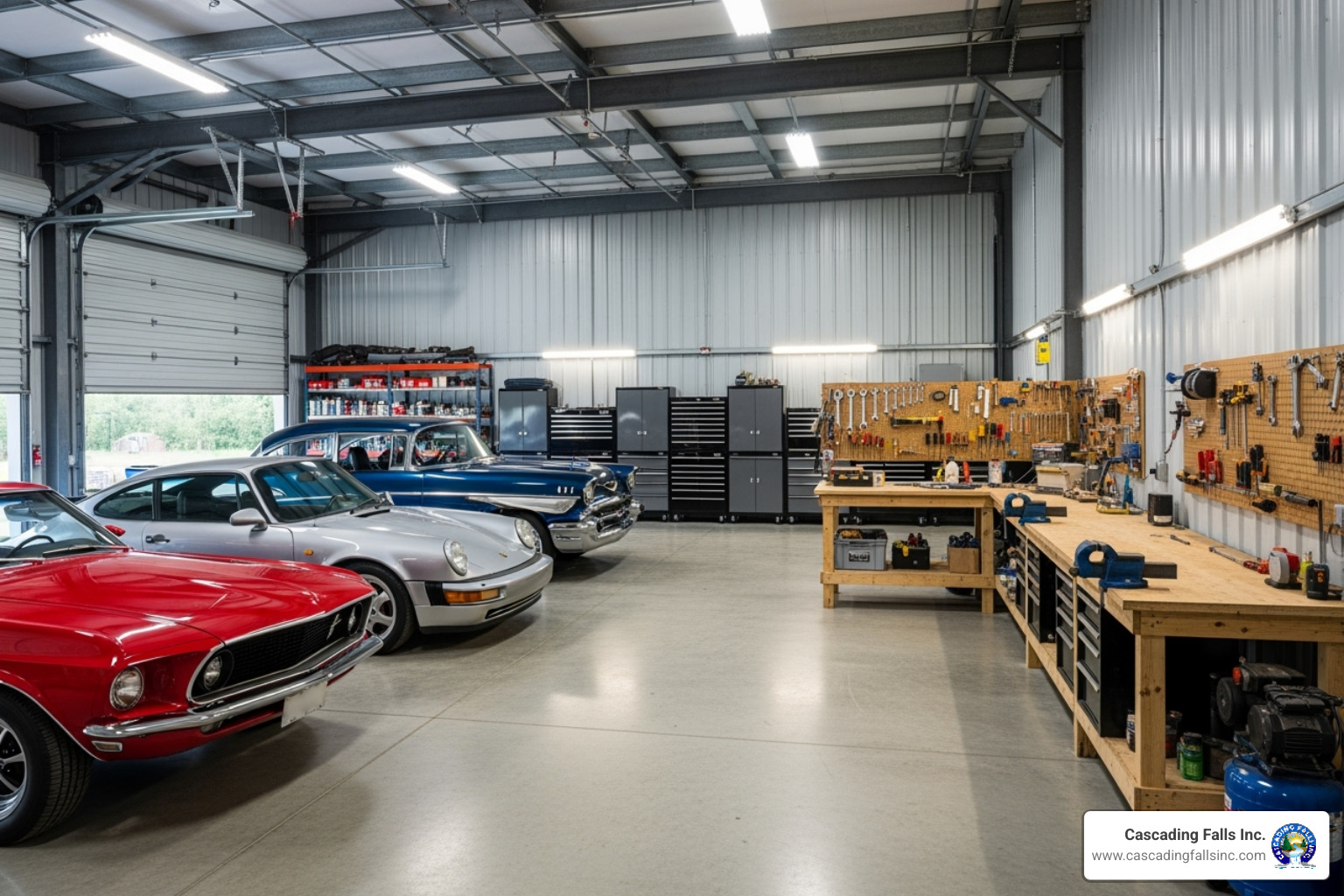 40x40 building interior configured as a multi-car garage and workshop - 40x40 metal building kit