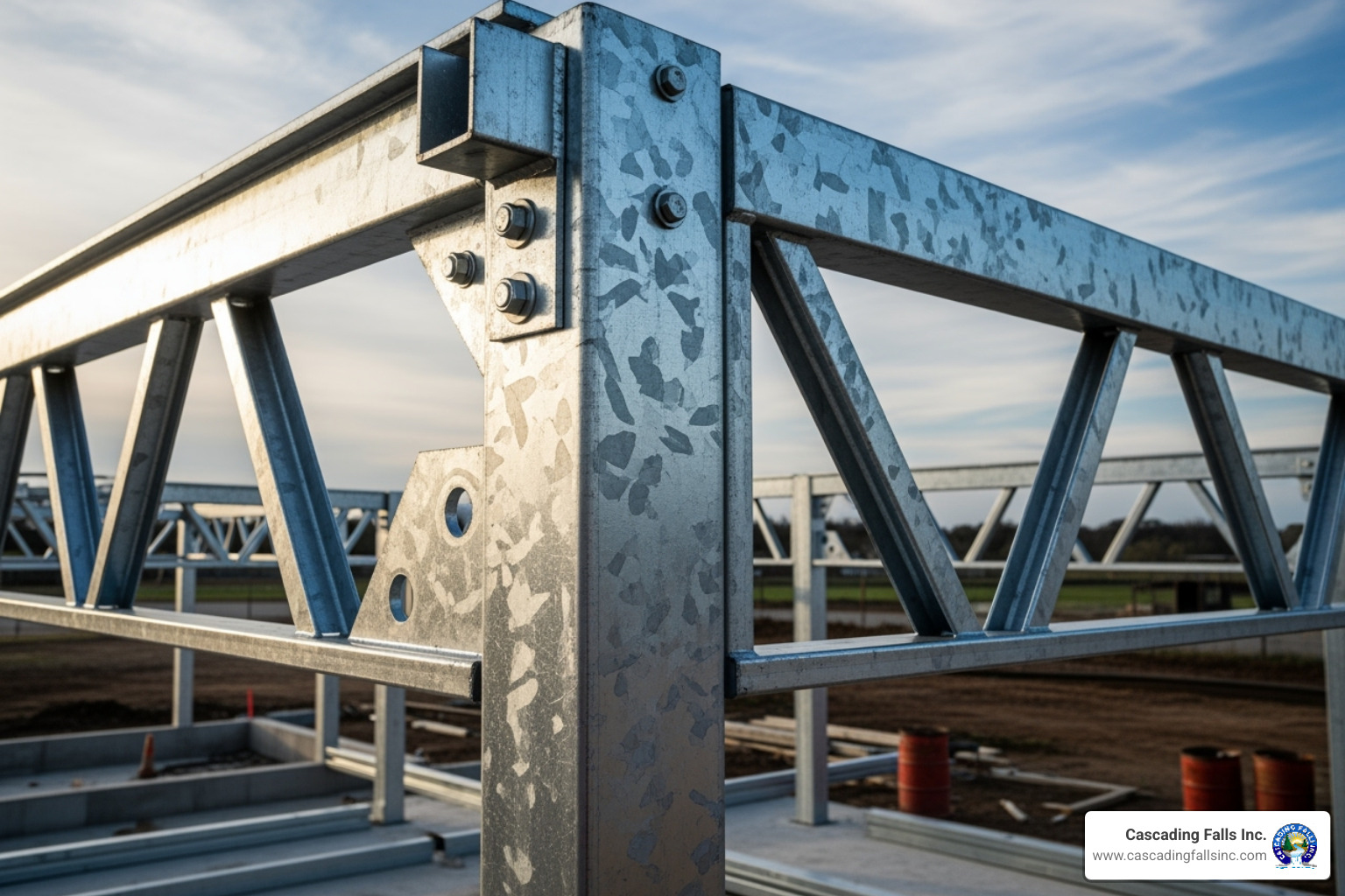 Steel frame with icons showing resistance to fire, termites, and heavy snow - 40x40 metal building kit