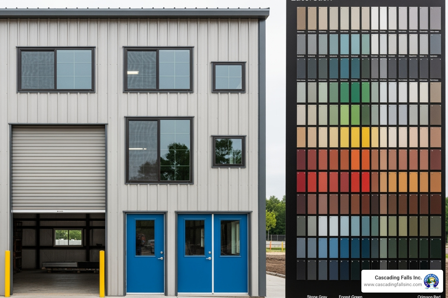 Customization options like different door types, windows, and color swatches - 40x40 metal building kit