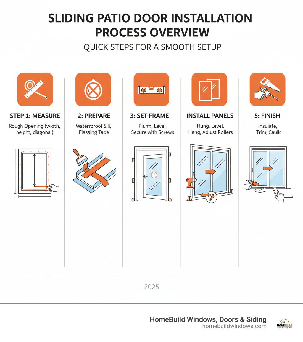 Sliding Patio Door Installation Process Overview: Step 1 - Measure rough opening at multiple points (width, height, diagonal). Step 2 - Prepare opening by removing old door, installing sill pan, and applying flashing tape for waterproofing. Step 3 - Set frame by tilting into opening, shimming to ensure plumb and level, then secure with screws. Step 4 - Install panels by hanging fixed and sliding panels, adjusting rollers for smooth operation. Step 5 - Finish by applying low-expansion foam insulation, trimming excess, installing interior/exterior trim, and caulking. - sliding patio door installation infographic Sliding Patio Door Installation Process Overview: Step 1 - Measure rough opening at multiple points (width, height, diagonal). Step 2 - Prepare opening by removing old door, installing sill pan, and applying flashing tape for waterproofing. Step 3 - Set frame by tilting into opening, shimming to ensure plumb and level, then secure with screws. Step 4 - Install panels by hanging fixed and sliding panels, adjusting rollers for smooth operation. Step 5 - Finish by applying low-expansion foam insulation, trimming excess, installing interior/exterior trim, and caulking. - sliding patio door installation infographic