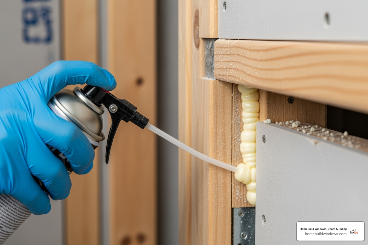 hand applying low-expansion foam - sliding patio door installation hand applying low-expansion foam - sliding patio door installation